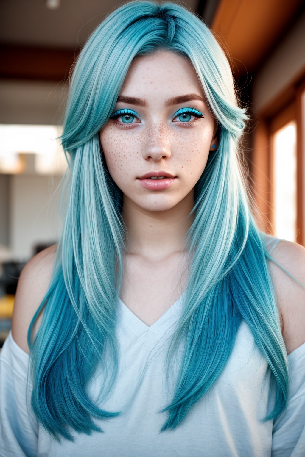 Photo of a young woman with cyan hair,  natural-looking,  yellow eyeshadow on Tensor.Art