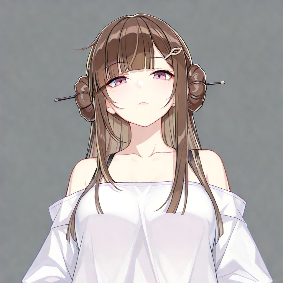 masterpiece, best quality,(grey background:1.2),looking at viewer,SOLO,simple background    game_cg_style,cangxuan,danzhu,hair ornament,blunt bangs,hair bun,brown hair,long hair,hairclip,mole under eye,off shoulder,<lora:苍玄丹朱-ill:0.8>