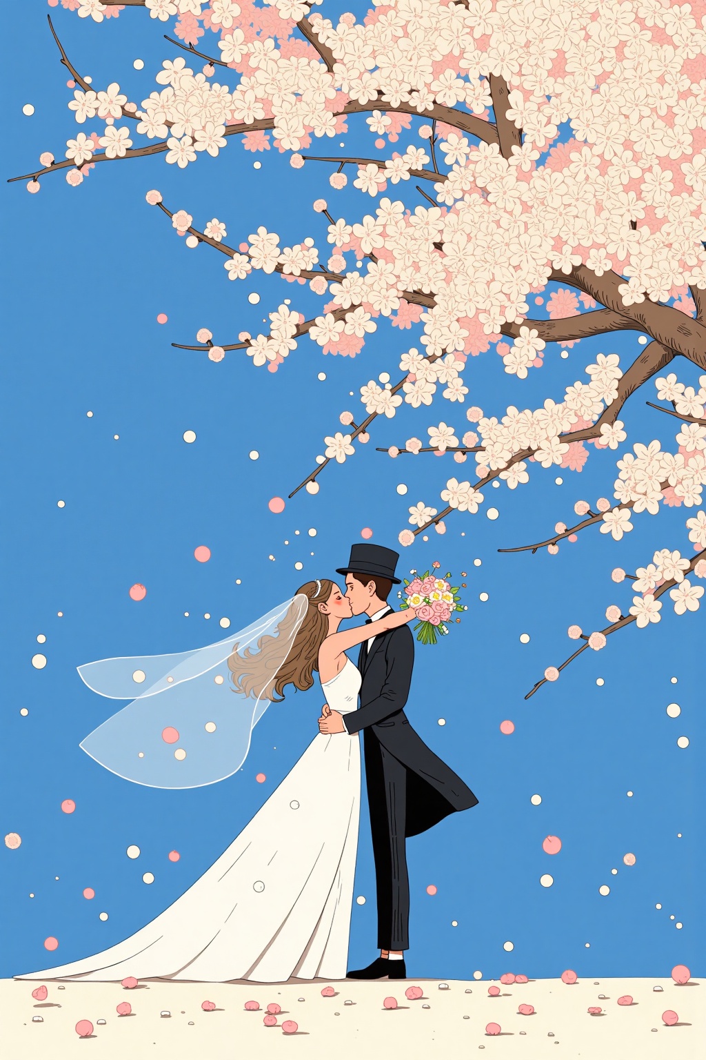 beijihui,An animated image of a bride and groom kissing under a cherry blossom tree. The bride is dressed in a white gown with a veil on her head. The groom is wearing a black tuxedo with a black hat on his head. He is holding a bouquet of flowers in his hands. The tree is a light brown color. The sky is a deep blue color. There are white and pink flowers scattered throughout the image.,