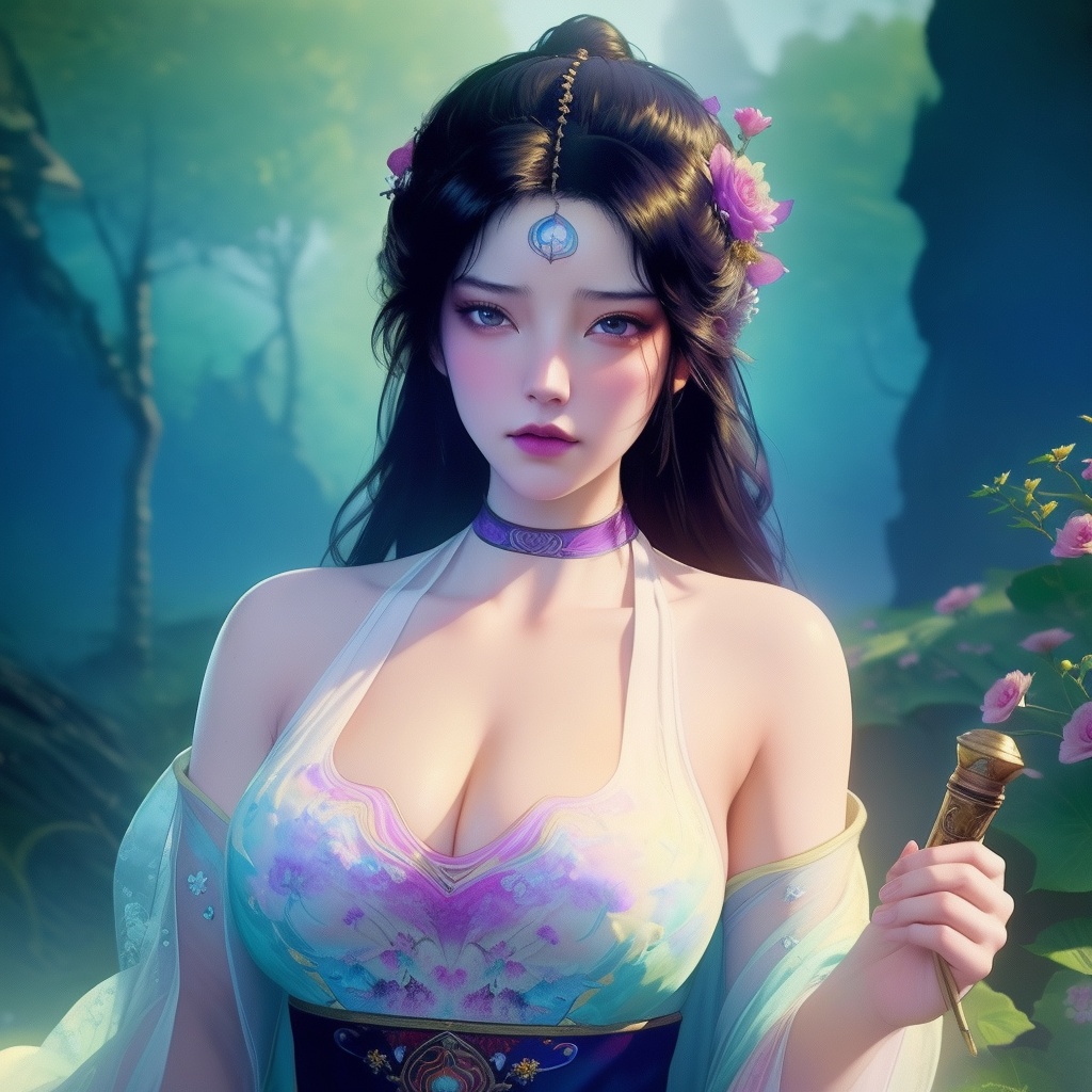 <lora:763-DA-仙逆-墨云:0.8>, (,1girl, ,best quality, ),looking at viewer,,anime,(masterpiece, top quality, best quality, official art, beautiful and aesthetic:1.2), (1girl)	, , (cleavage),, extreme detailed,(fractal art:1.3),colorful, flowers ,highest detailed,(by Jeremy Lipking)    (cleavage),,  (),