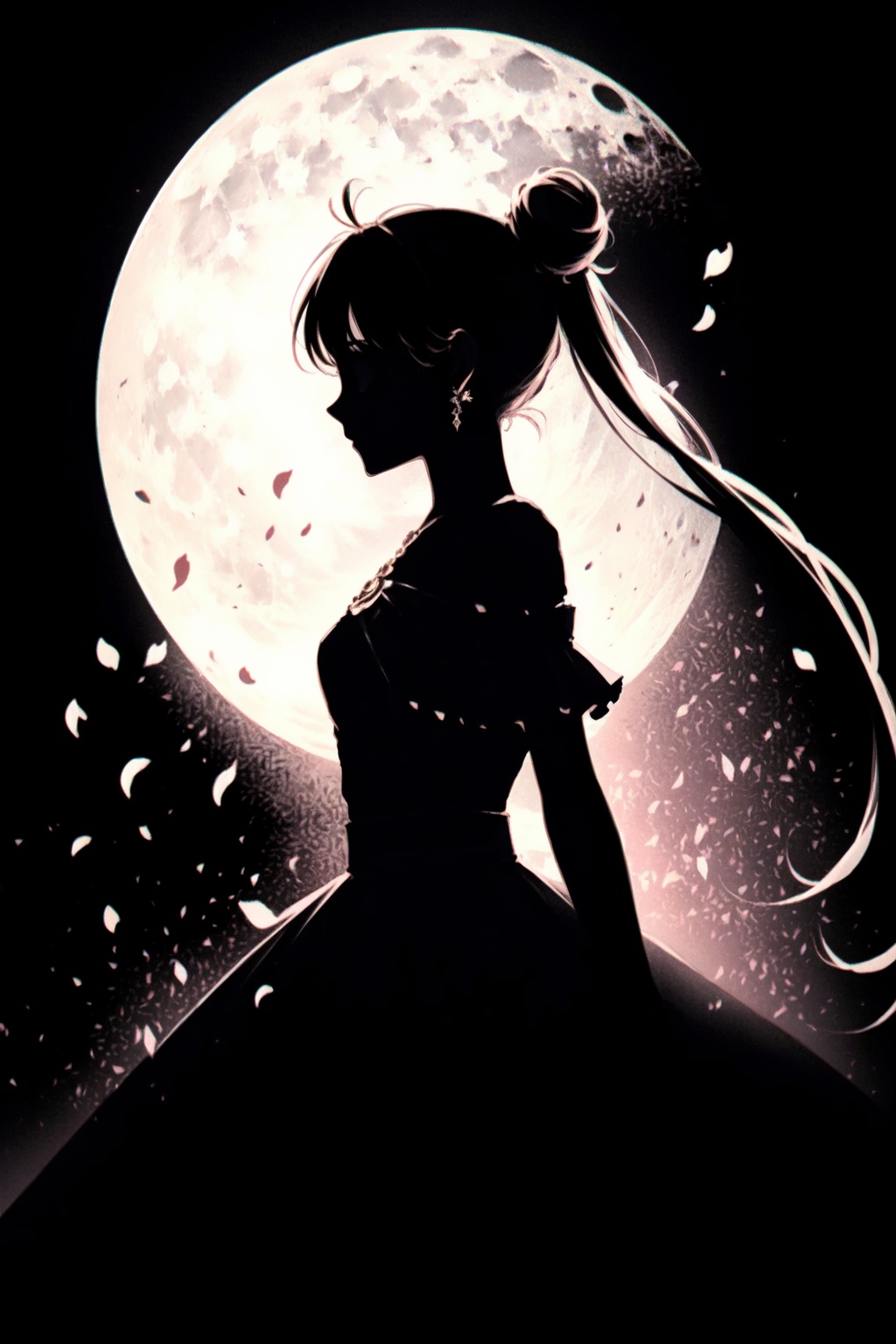 masterpiece,best quality,high quality,highres,1girl, solo, long hair, double bun, tsukino usagi, twintails, silhouette, hair bun, dress, petals, very long hair, full moon, monochrome, from side, jewelry, profile