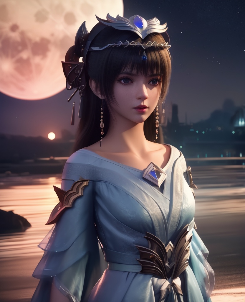 <lora:568-DA-星辰变-姜妍:0.8>(,1girl, ,best quality, ),looking at viewer,masterpiece, (( , )),, realistic,science fiction,mole, ultra realistic 8k cg, moonlight,full moon,