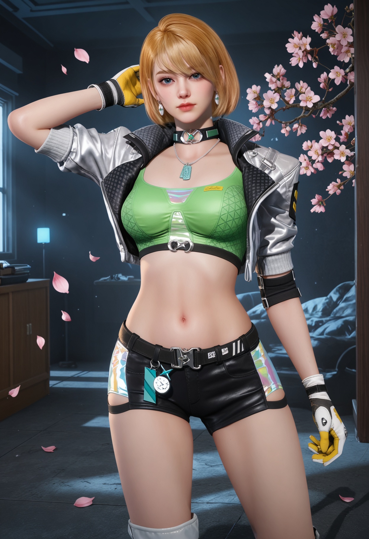 (full_body:1.1),looking at viewer:1.1,masterpiece,(best quality),smog,Dark room,dim lighting,peach blossom,falling petals,<lora:YQ_Illustrious光辉v5_茉莉_V1:0.8>,q1528437228,1girl,blonde hair,jacket,short hair,solo,gloves,jewelry,cropped jacket,crop top,earrings,choker,shorts,short shorts,open jacket,black shorts,boots,dog tags,knee pads,blue eyes,necklace,white gloves,belt,