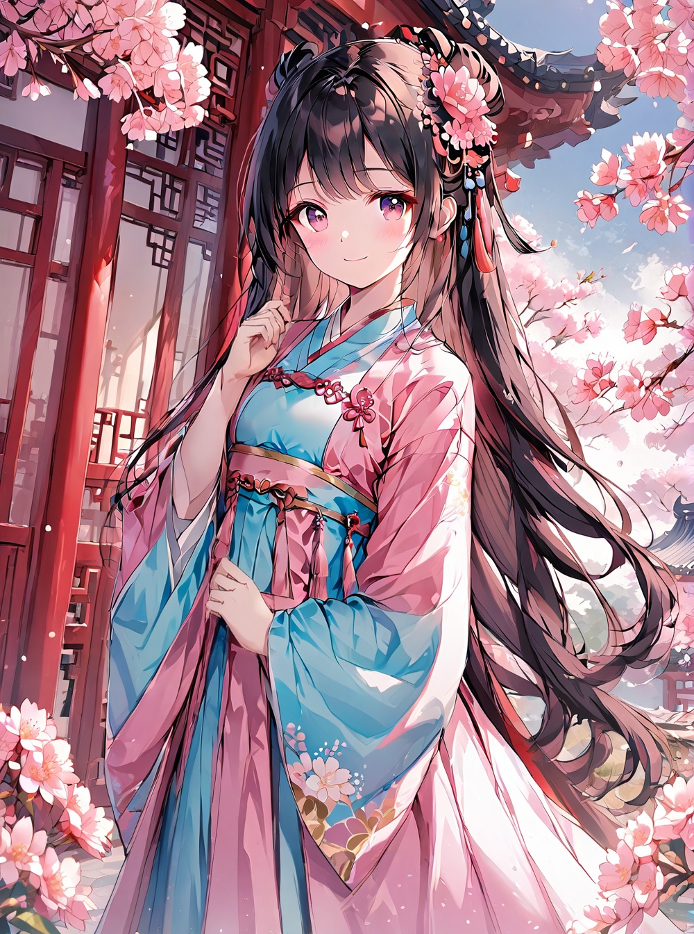 Hanfu,O,1girl, solo, long hair, flower, outdoors, black hair, hanfu, hair ornament, holding, chinese clothes, cherry blossoms, sky, day, tree, standing, pink flower, long sleeves, bangs, looking at viewer, hair flower, wide sleeves, blue sky, cloud, closed mouth, smile, architecture