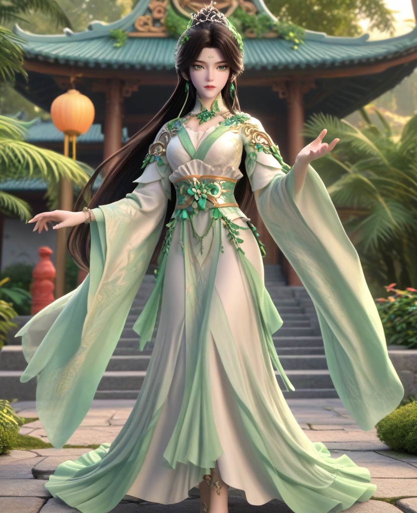 (oriental architecture, elegant decor, sophisticated style:1.1),(Standing with arms stretched to the sides, palms facing upwards,:1.1),(breasts:1.2),<lora:XL16叶罗丽青梧仙子:0.95>,miss qingwu,white tiered gown,green eyes,facial mark,eye foils,black hair,half-up crown with long cascading hair,hair ornament,very long hair,jewelry,green shawl,sash,anklet lace,, score_9,score_8_up,score_7_up,score_6_up,score_5_up,score_4_up,3d rendering,tag1,tag2, Cinematic Lighting,backlighting,