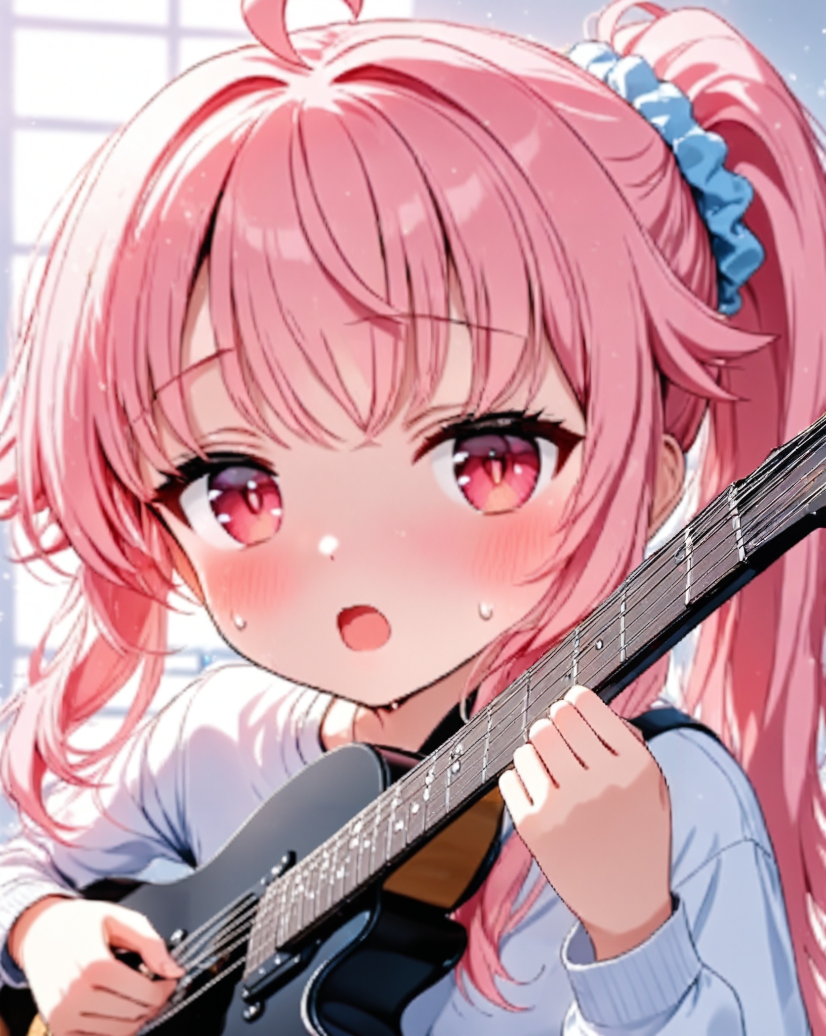 O,Five fingers,natsu (blue_archive),1girl,instrument,solo,pink hair,guitar,open mouth,ahoge,electric guitar,bangs,jacket,red eyes,blush,ponytail,sweat,holding,looking at viewer,shirt,holding instrument,white shirt,playing instrument,scrunchie,upper body,long hair,sweatdrop,sidelocks,music,pink eyes,(UHD),anatomically correct,accurate,textured skin,super detail,high details,award winning,best quality,high quality,retina,HD,16k,1080P,