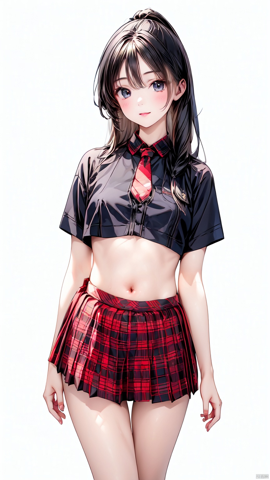 1girl, solo, long hair, looking at viewer, skirt, black hair, white background, navel, midriff, crop top, plaid, plaid skirt,Beautiful Legs,Thigh,necktie,Tight Top,Double horsetail<lora:EMS-254762-EMS:0.500000>, <lora:EMS-93-EMS:0.800000>, <lora:EMS-427815-EMS:0.800000>