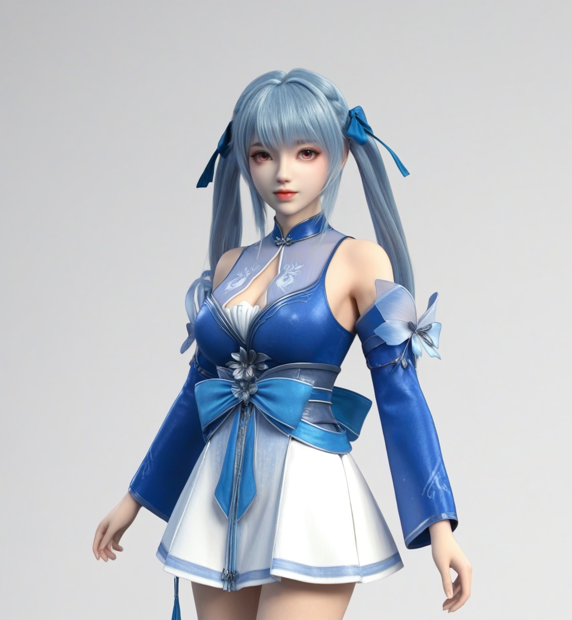 score_9,<lora:SF_LinQingTan_Pony_Realism-000003:0.7>,1girl,solo,clothes,detached sleeves,bangs,blue hair,large breasts,twintails,standing,long hair,skirt,fair_skin,white_skin,Ivory_skin,hair bow,hair ribbon,looking at viewer,white background,