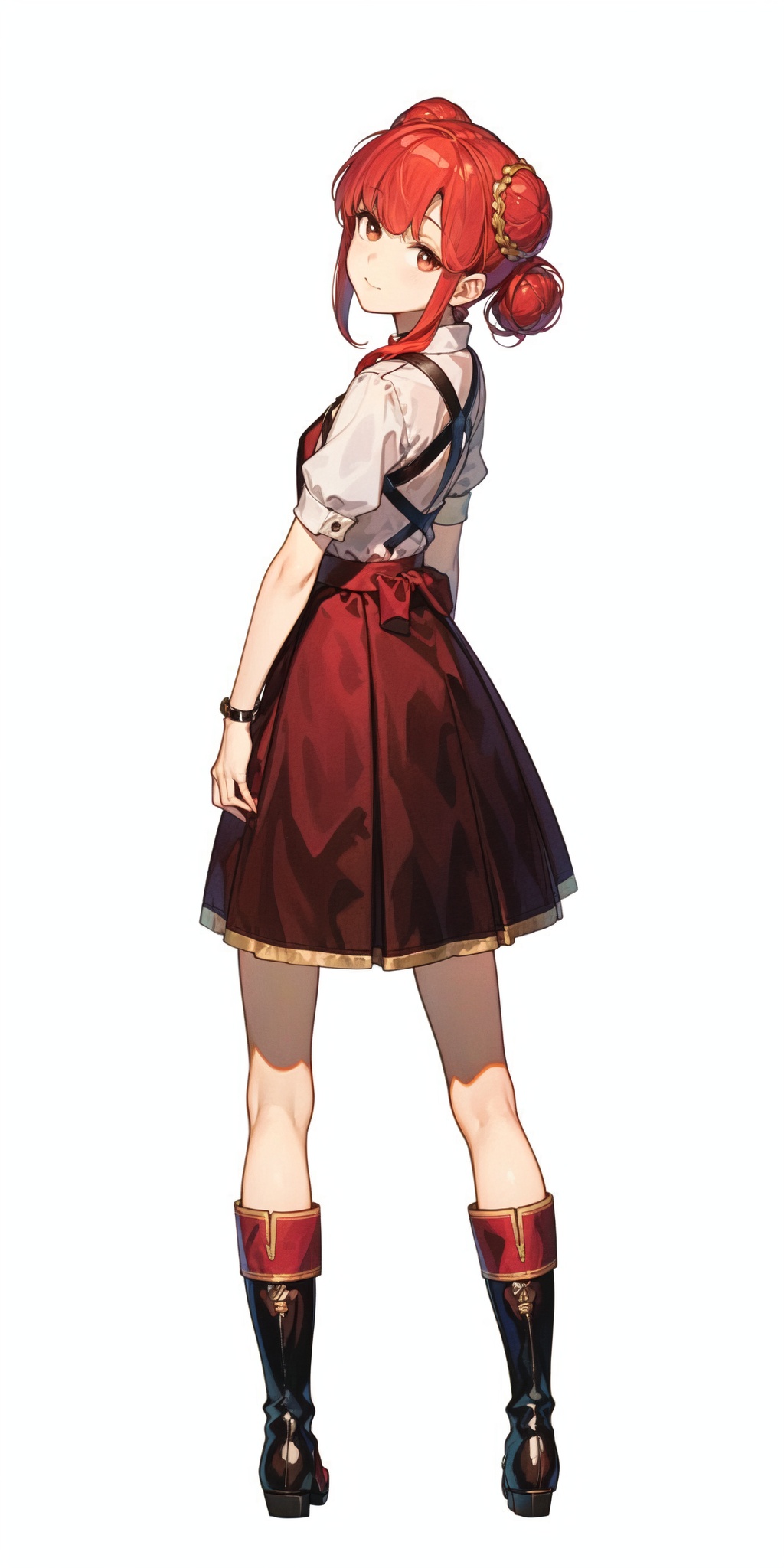 1girl, ,white background, skirt,looking at viewer, boots,simple background,standing, mysterious pattern, red hair, double bun, monk,