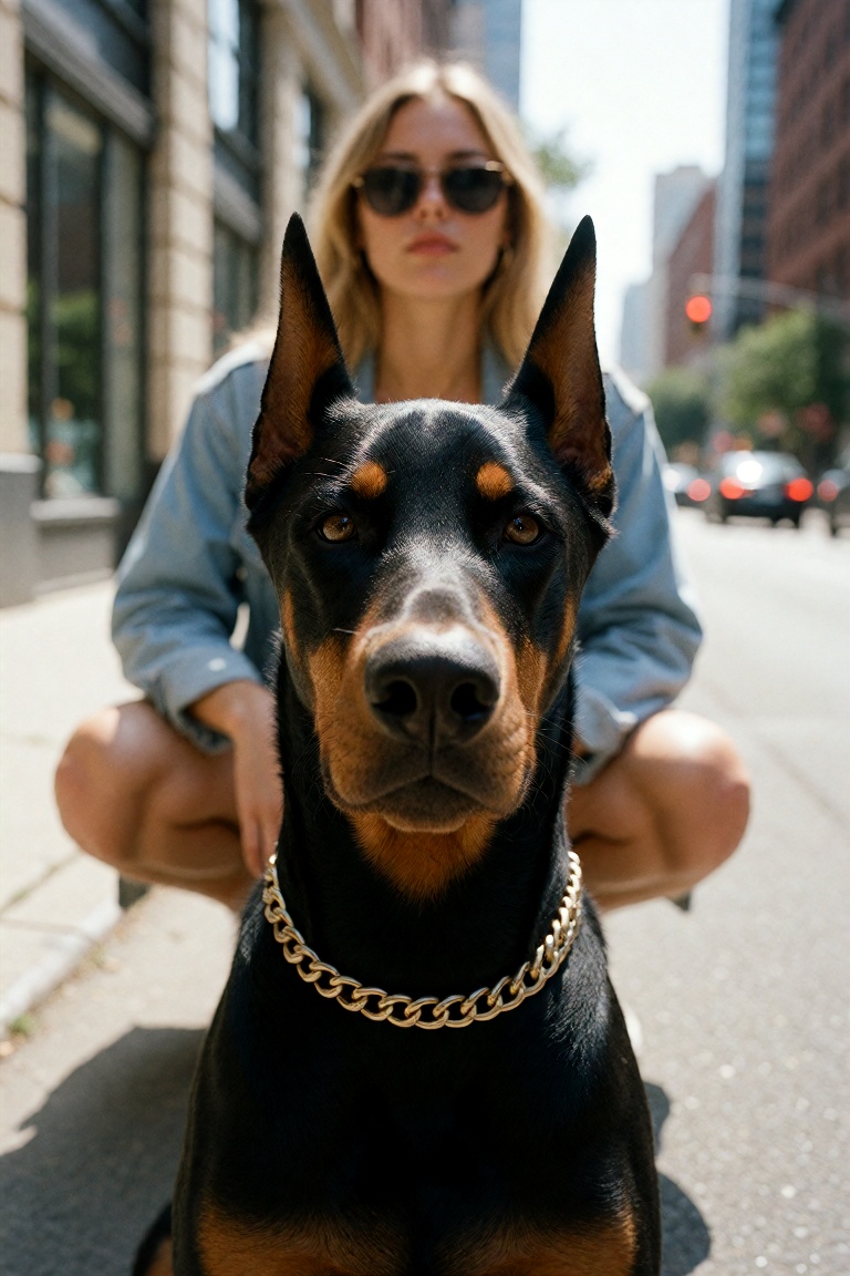 A sleek Dobermann staring directly into the camera on an urban street,  exuding intensity and presence. In the background,...