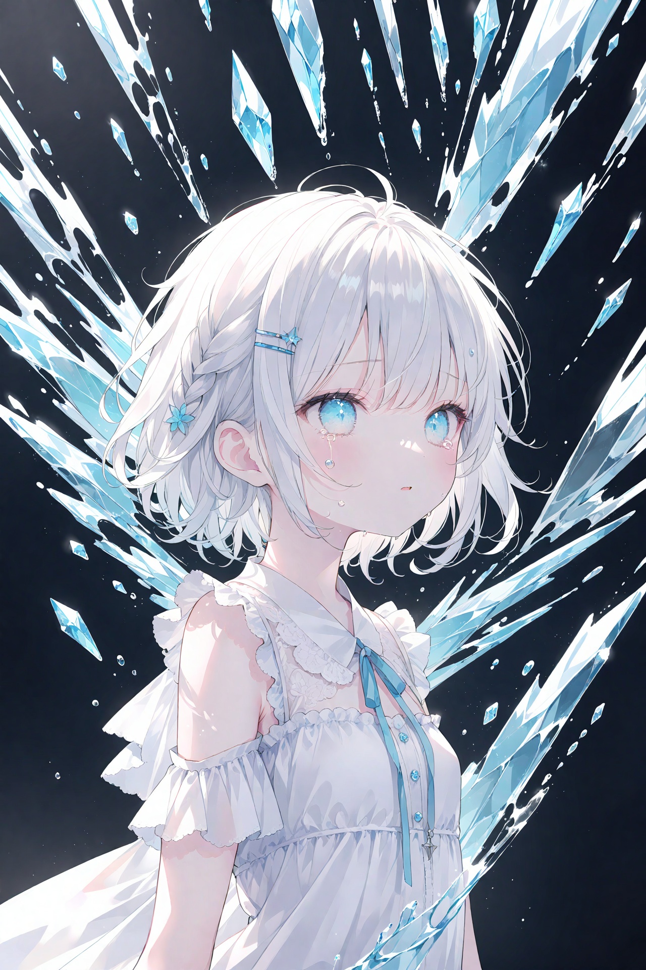 masterpiece,best quality,high quality,(colorful),Artist onineko,1girl,loli,White Dress,White short hair,braids,lily flower hair clip,upper body,cry,water,black background,Ice crystal,dappled sunlight,Suspended colorless crystal,beautiful detailed glow,(detailed ice),beautiful detailed water,
