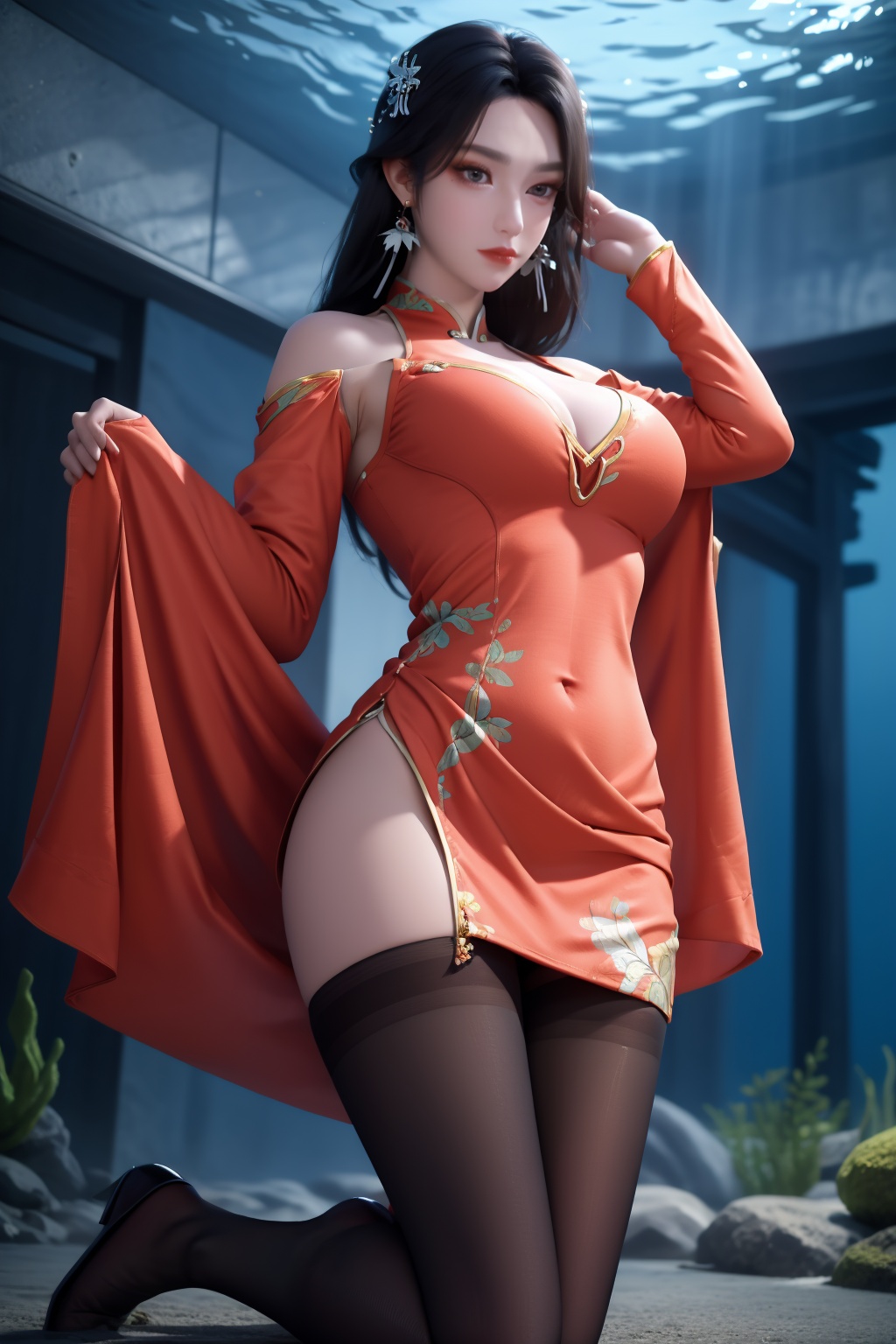 1girl,underwater,submerged,floating hair,air bubble,holding breath,see-through,masterpiece,best quality,highly detailed,fish,(wide hip:1.2),jellyfish,earrings,hair ornament,sea weed,coral reef,shark,sea turtle,sexy pose,kneeling,chinese dress,chinese clothes,big breasts,(looking at viewer:1.2),black pantyhose,arms up,torn pantyhose,