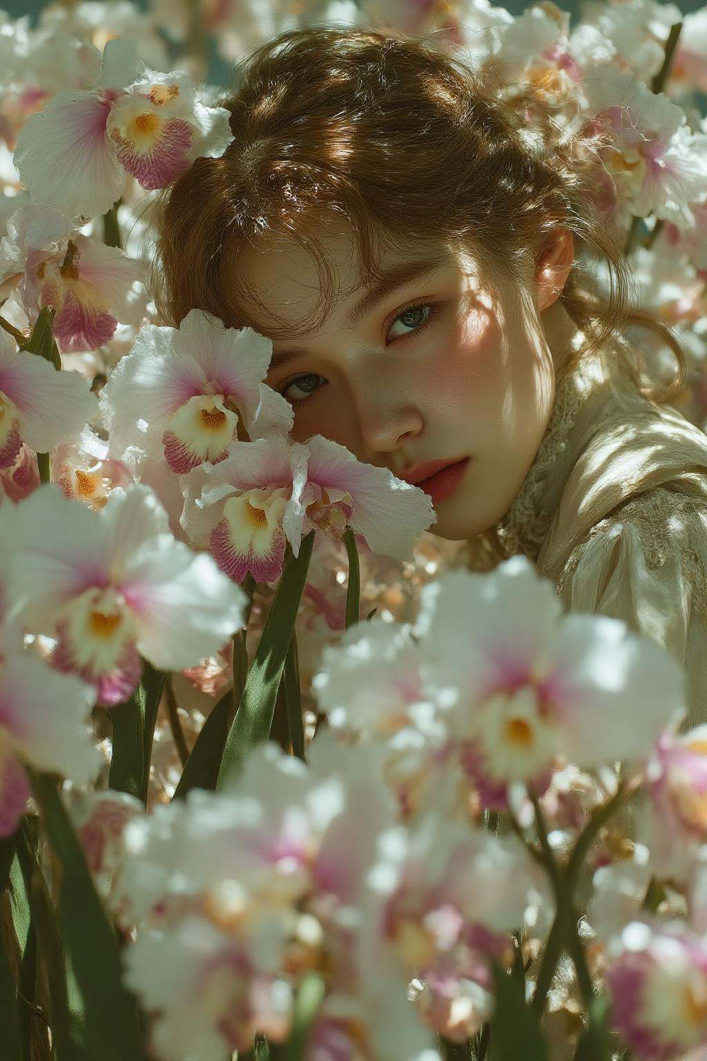 midjourney photograph.Close up of a young Finnish woman surrounded by a lush arrangement of orchids. Her hair is styled in...
