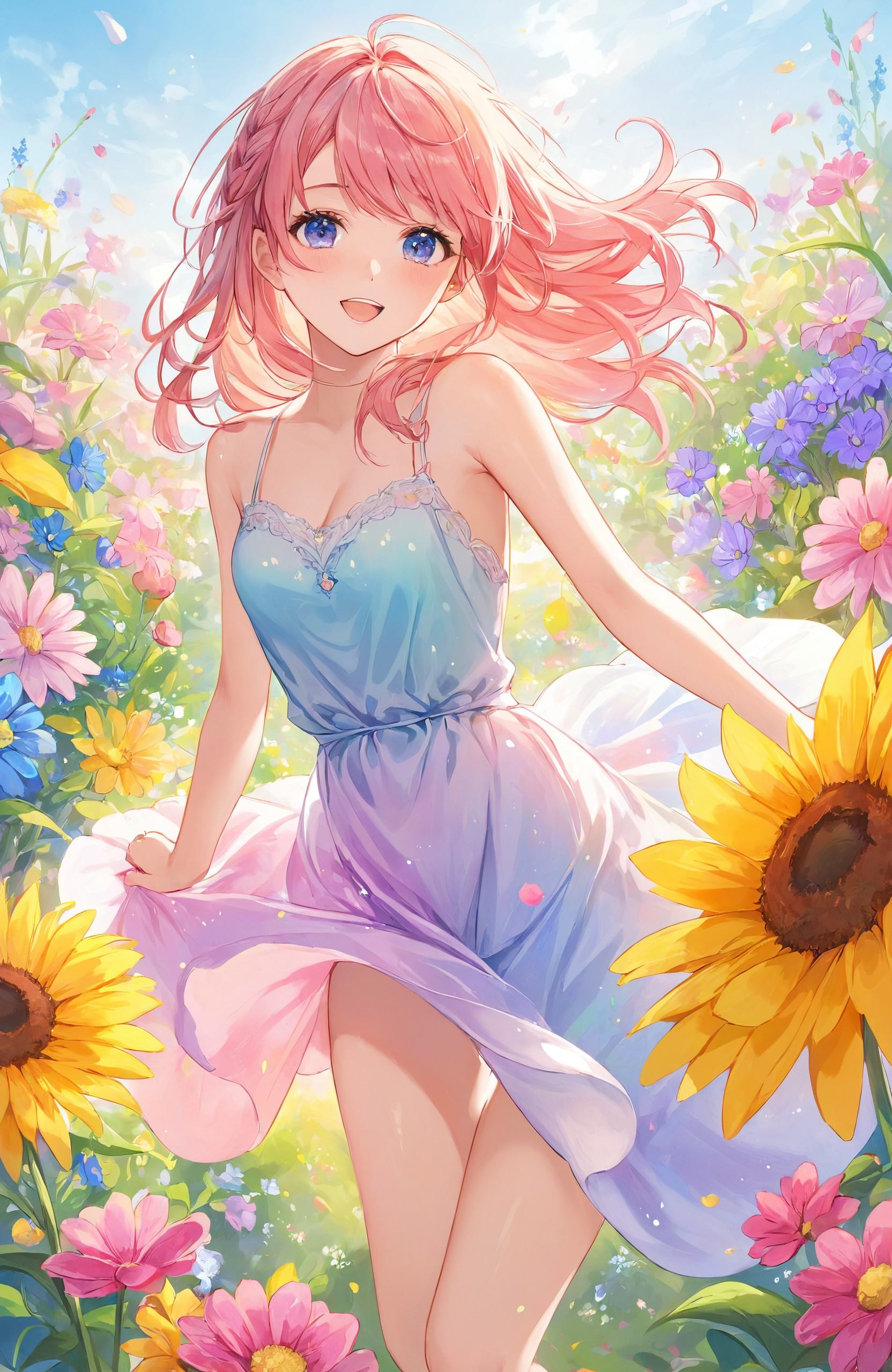 A young girl in a flowing pastel dress, surrounded by vibrant flowers that seem to burst into existence from the canvas. The scene is painted in soft, watercolor splashes, blending the girl's gentle expression with the wild beauty of nature. The colors are bright and uplifting, creating a sense of joy and lightness.