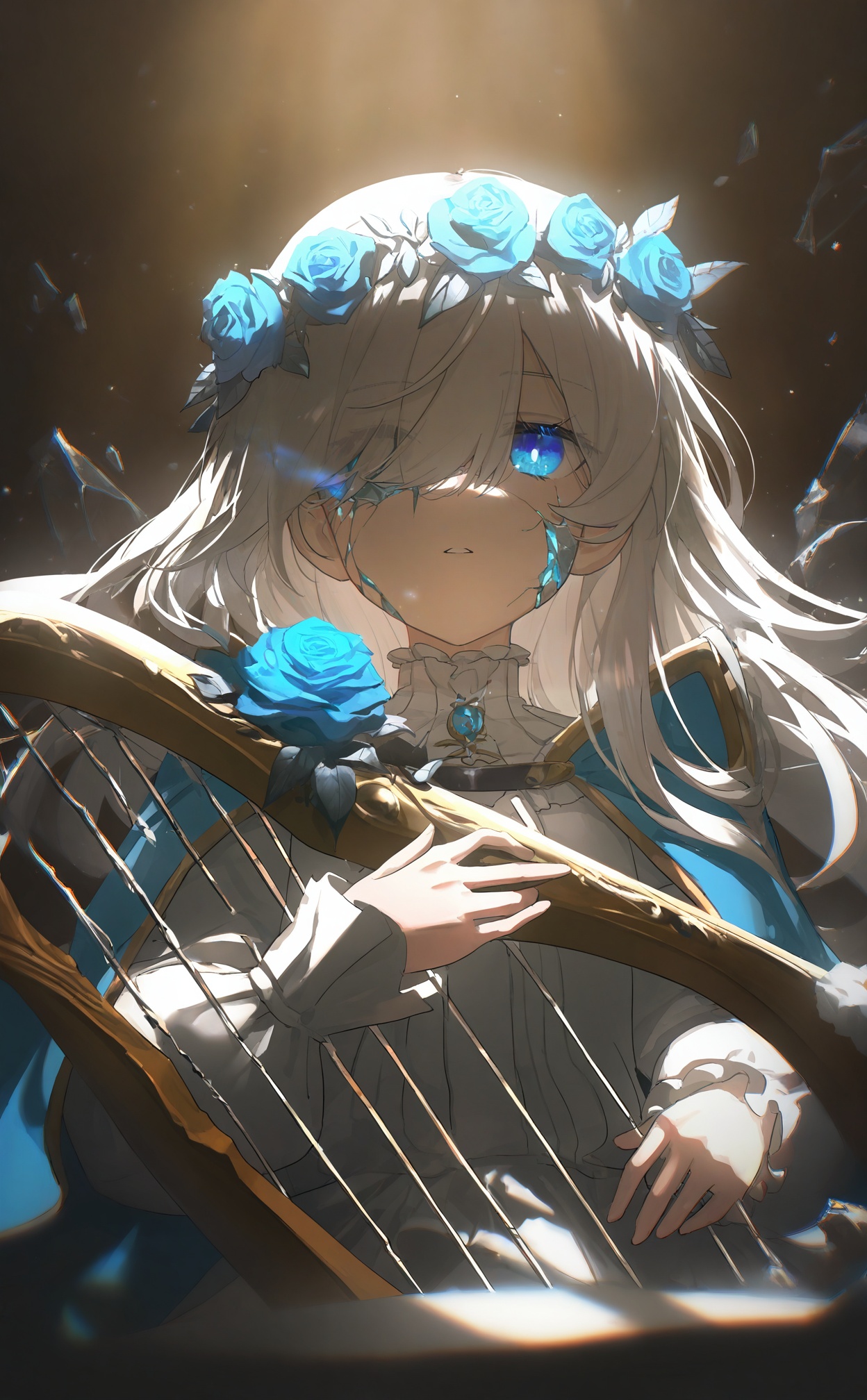 masterpiece,highres,absurdres,newest,best quality,high quality,loli,petite,chromatic_aberration,//, 1girl, solo, long hair, looking at viewer, blue eyes, hair ornament, dress, holding, jewelry, flower, white hair, frills, parted lips, cape, white dress,, rose,, instrument, blue flower, head wreath, playing instrument, holding instrument, harp, hair over eye,cracked screen centered around the eyes, cracked lens centered around the eyes, splatted glass fragments centered around the eyes, volumetric light and shadow, light particles, light rays, shadow, cinematic lighting, backlighting, glowing eye, solo, portrait, cold face, expressionless ruins, volumetric light and shadow, best light and shadow, {cinematic lighting,cracked face,crack,broken face//,<lora:konya_karasue2——【noob】hans:0.8>,