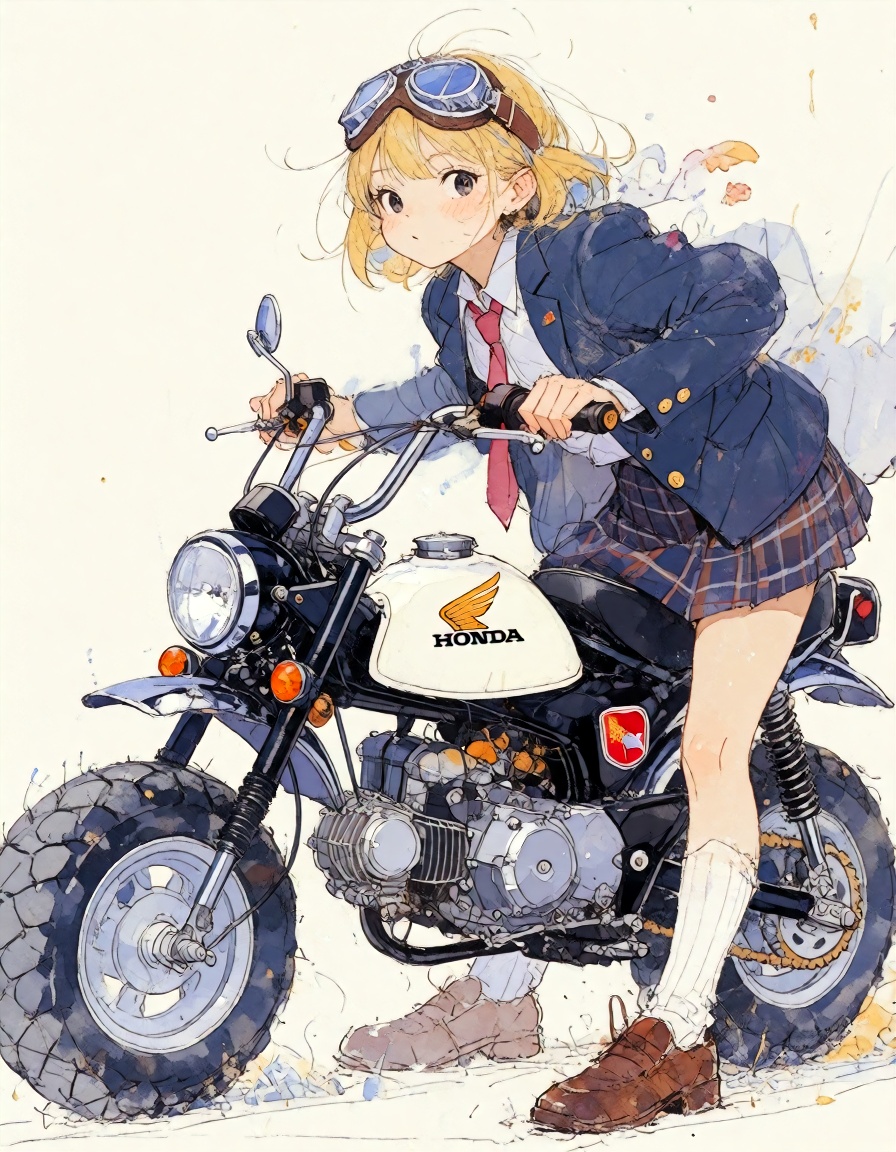 This is an artistic illustration blending digital watercolor and ink sketching. cute girl with short blonde hair,  dressed...