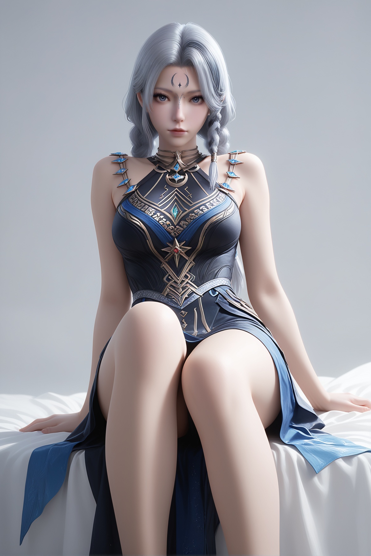 masterpiece,best quality,realistic,cinematic,detail eyes,(ultra-detailed),perfect composition,intricate details,absurdres,detailed face,high quality,high res,8K,<lora:X_sisi_IL3.0:0.8>,1girl,long hair,breast,medium breast,hair_ornament,dress,grey hair,blue eyes,forehead mark,bare_legs,sitting,bed,simple background,looking_at_viewer,