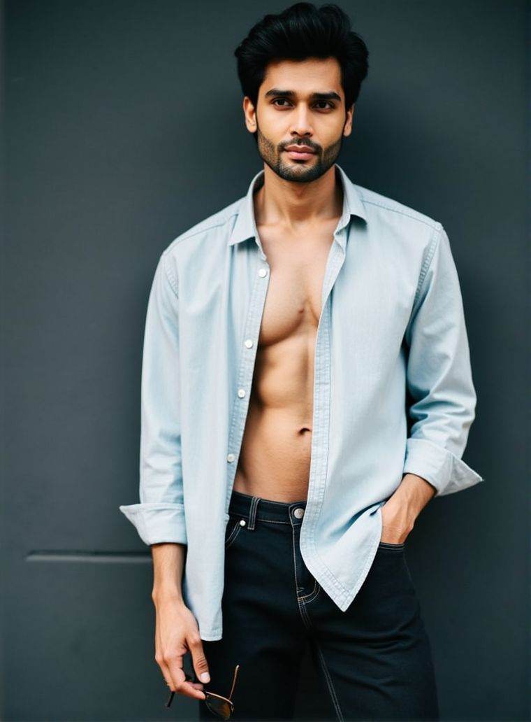 Rohit Khandelwal ,  stands confidently in front of a dark gray wall. He wears a light denim shirt,  unbuttoned at the top...