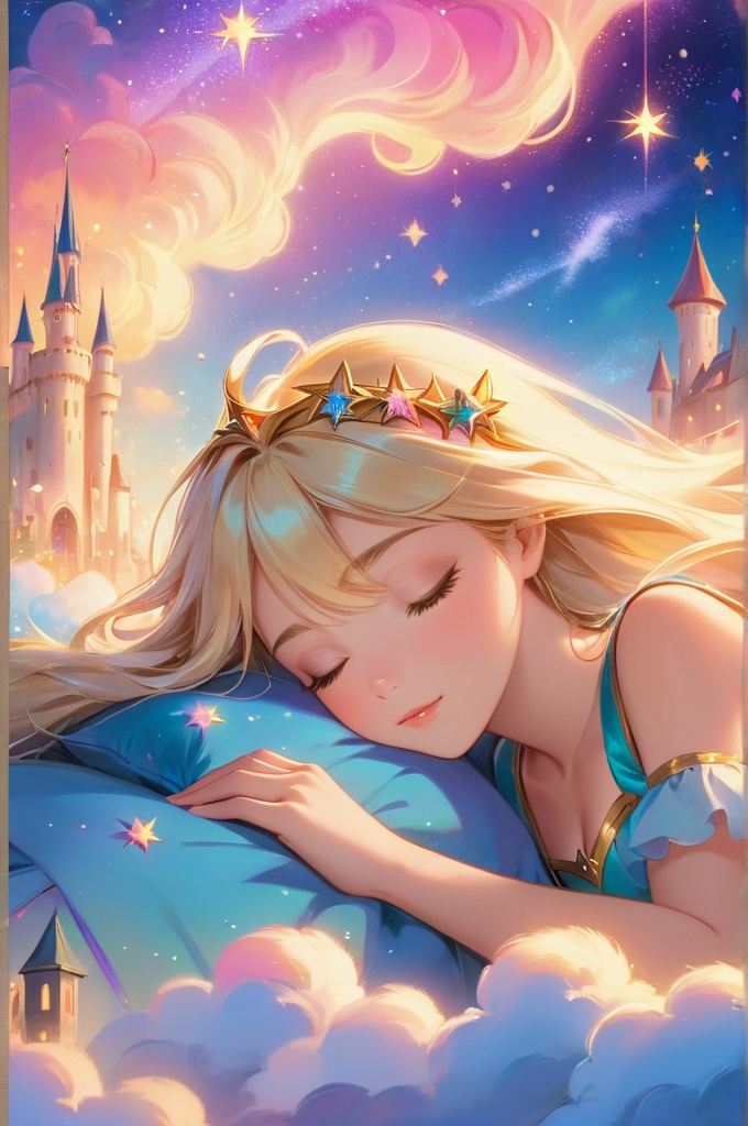 Dreamy sky,Sleeping Beauty,Fluffy clouds,As estrelas,light colors hair,Bushy hair,strands,illuminations,fairy tale painting,Amazing artwork,Luminous illumination,Enchanting art,amazing art,inspiring art,magnificent work of art,beautiful light up, pastel tones, Surrealism, super detail, highres, (panoramic, Ultra high saturation, bright and vivid colors), (best quality, masterpiece, Representative work, official art, Professional, 8k)