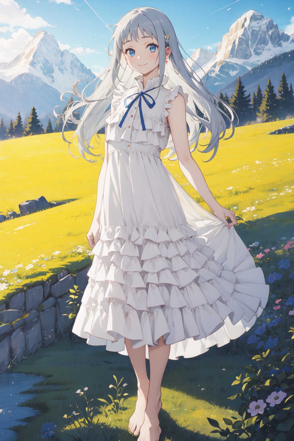 <lora:Menma-000015:0.9>,Menma CYQL,1girl,looking at viewer,solo,long hair,grey hair,blue eyes,smile,dress,ribbon,sleeveless,sleeveless dress,white dress,barefoot,full body,standing,frills,cowboy_shot,Meadow, Flowers, Grass, Alps, Sunshine, Breeze, Butterflies, Melting snow,(Alpine flowers, Fall foliage, Mountain peaks, Autumnal hues, Alpine landscape, Mountain tranquility:0.5),beautiful detailed sky,beautiful detailed glow,posing in front of a colorful and dynamic background,masterpiece,best quality,beautiful and aesthetic,contrapposto,female focus,wallpaper,