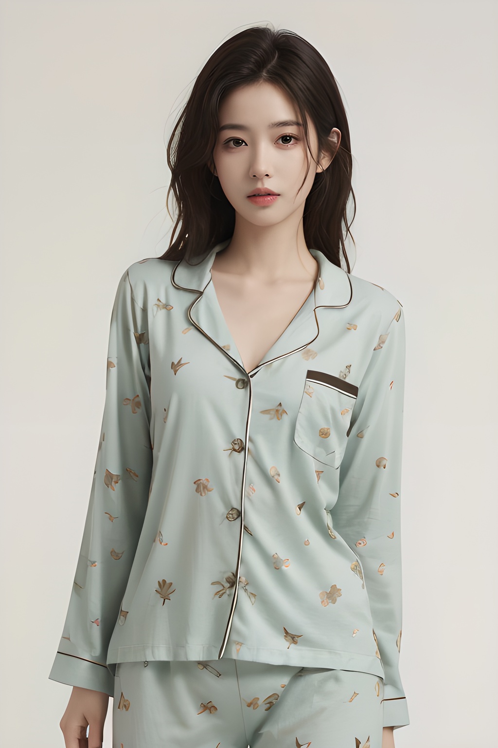 <lora:0818_07:0.7>,simple background,green_print_pajamas,, 1girl,realistic,masterpiece, best quality, photorealistic, HDR,detail