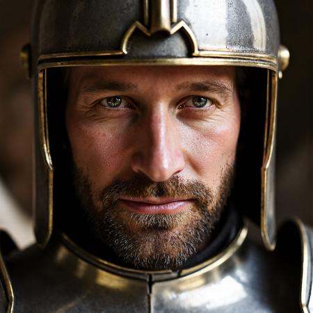 RAW photo,  a candid full body hero shot from the front of a male 30 year old warrior wearing a shiny knight armor with a...