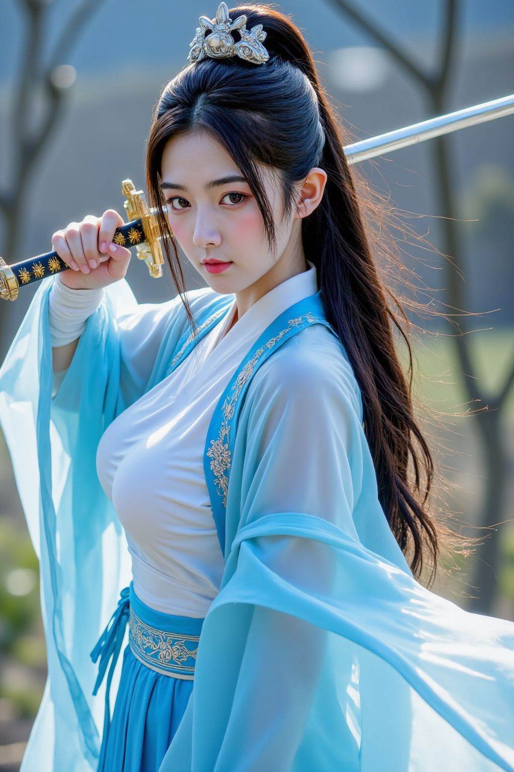 Cinematic photo a photograph of a teenage young woman with fair skin and long black hair,fighting pose,large breasts,hand holding a sword,see-through,self-luminous neon armor,science fiction,cyberpunk,robot joints,blue and white hanfu,embroidery,dao robe,transparent cloak,full body,outdoors, <lora:20250503_AgainCharactersF1Lora_10:0.8>