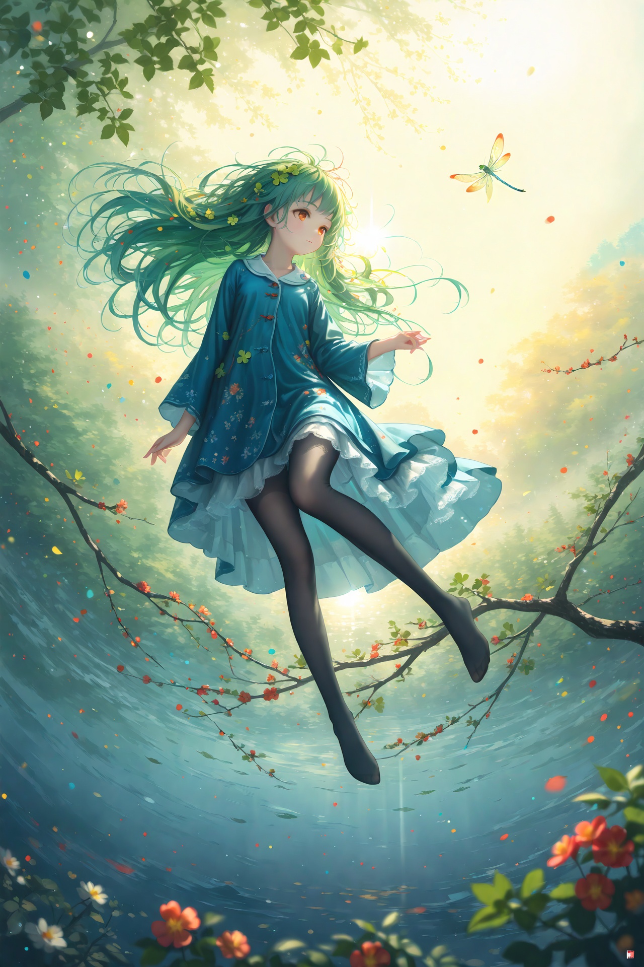 (masterpiece),(best quality),illustration,ultra detailed,hdr,Depth of field,(colorful),1girl,mint hair,orange eyes,clover hair ornament,long hair,disheveled hair,messy hair,plum blossoms,blue pajamas,branch,dragonfly,full body,mismatched legwear,white legwear,black legwear,pantyhose,xinniang,backlight,black pantyhose,white pantyhose,vibrantProj,