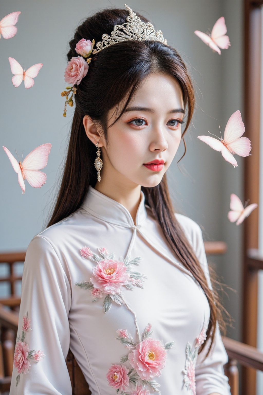 A photograph of an Asian woman with fair skin, wearing a traditional, elegant white Chinese cheongsam dress adorned with pink floral embroidery. Her long, dark hair is styled in a high bun with delicate pink flowers. She has a serene expression, with red lipstick, and wears a sparkling tiara and dangling earrings. The background features a blurred, light-colored wall and a wooden chair. Butterfly motifs float around her, enhancing the ethereal, romantic feel.