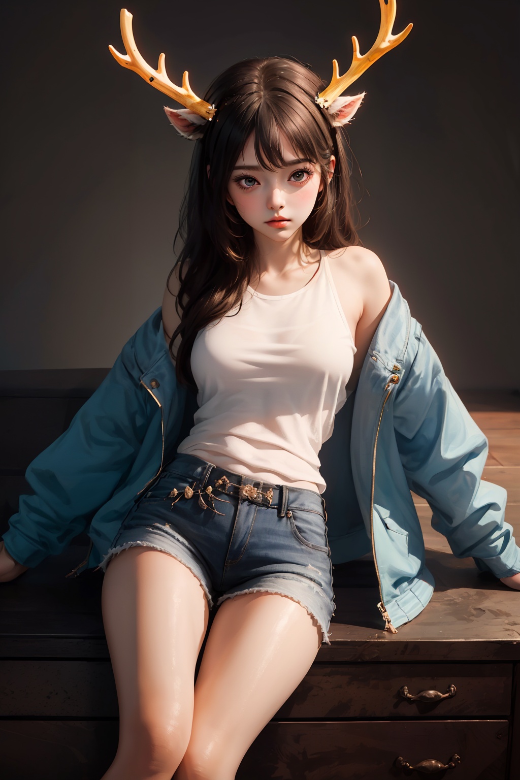 1girl, fake antlers,in the dark, clothes, flu,Fluorescent antlers,jacket,short jeans,sitting ,minimart,<lora:As_antler-000008:0.8>, (((masterpiece,best quality))),Beautiful body, rhythmic body,Fantastic, imaginative, emotional, emotional rendering, brightly colored,ultra high res, Dynamic curves, active visuals, emotional colors, artistic sense, artistic colors, emotional colors, visual guidance,illustration,CG ,unity ,wallpaper, Amazing, an extremely delicate and beautiful, sharp focus,aerial perspective background,((good structure)),((Good composition)), ((clear, original,beautiful)), (clear details, clear light，clear structure),(high res raw,4K,8k),official art,,