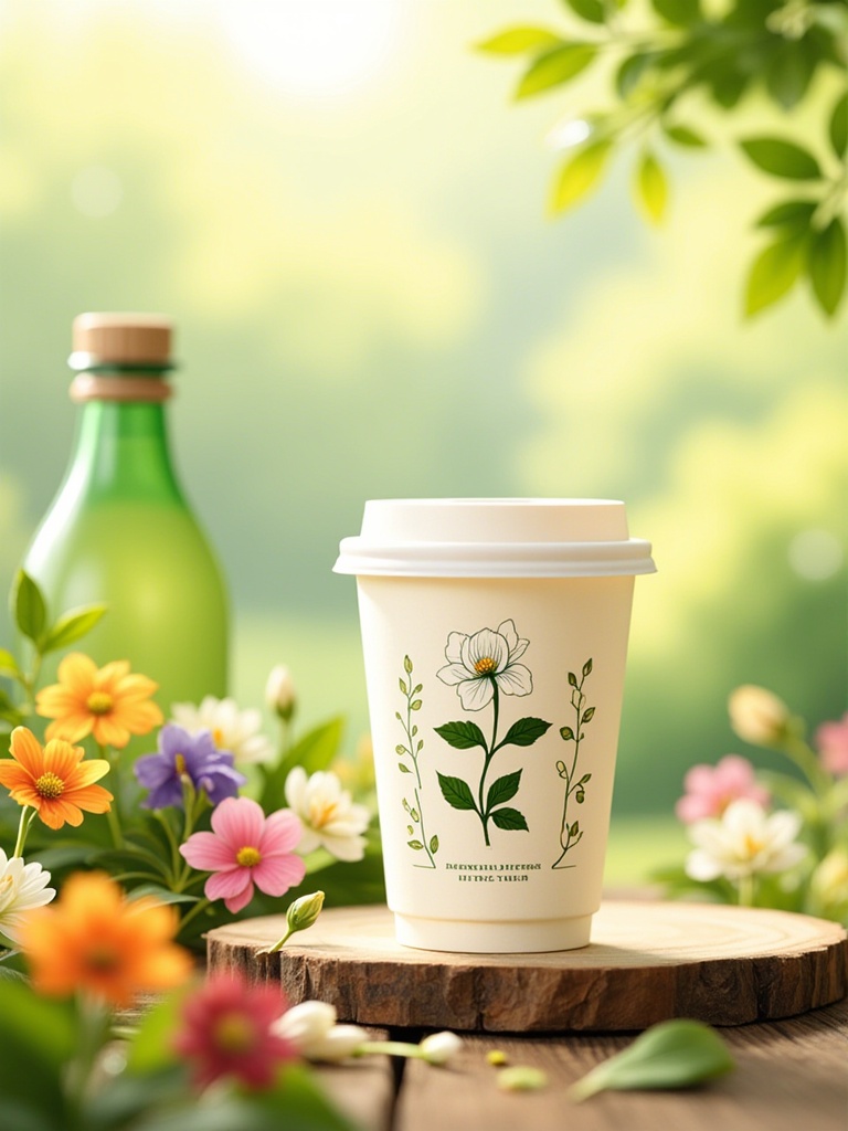 mzsas,a white paper cup with a botanical design, placed on a wooden surface amidst a vibrant floral setting. The background includes a green glass bottle, colorful flowers, and a soft-focus green landscape. The scene is bright and serene, evoking a fresh, natural aesthetic.<lora:S-T-商业美妆-S1.4:1>