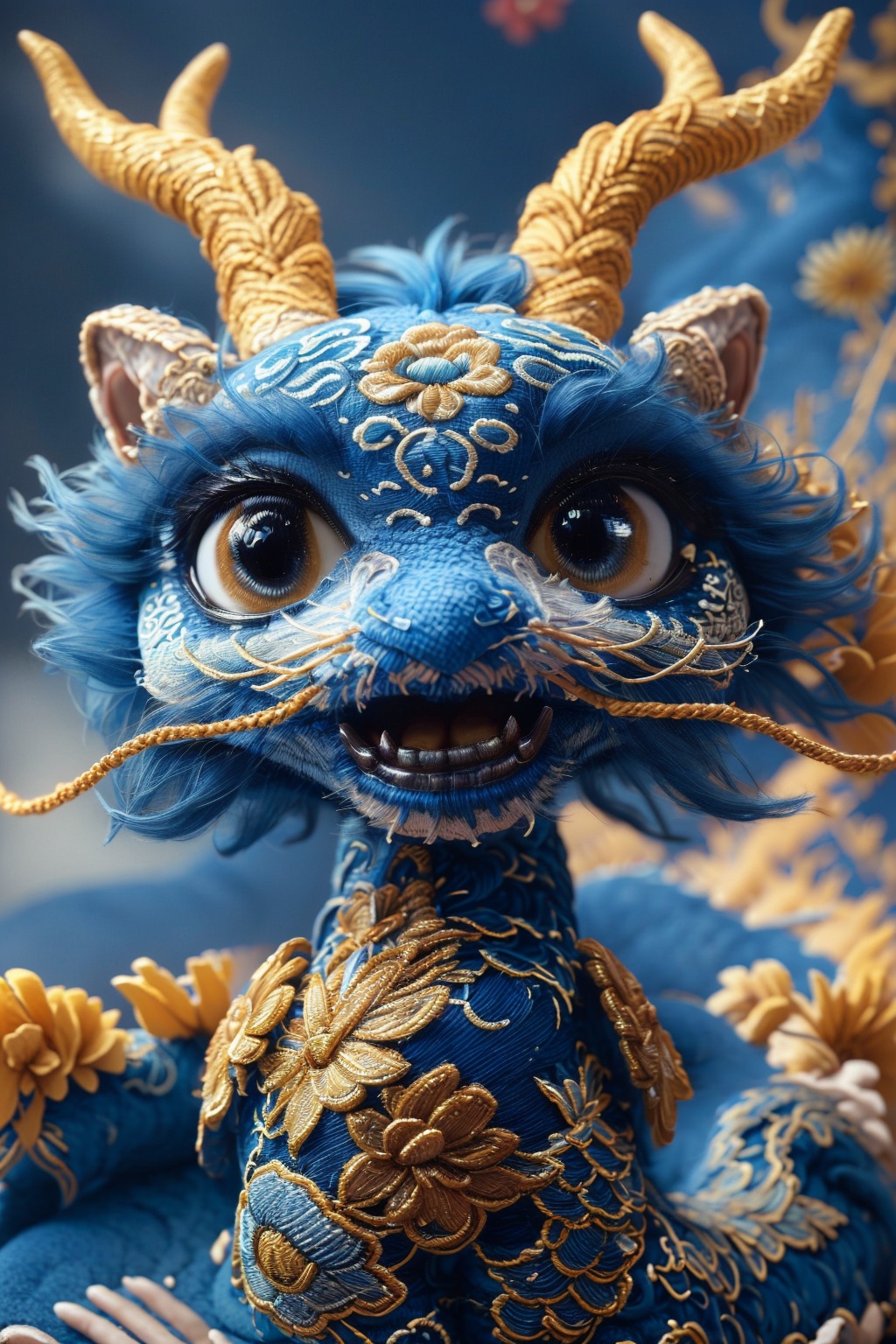 a blue and gold image of a Chinese Loong, realistic fine details, Chinese embroidery, horns, no humans, looking at viewer, open mouth, red eyes