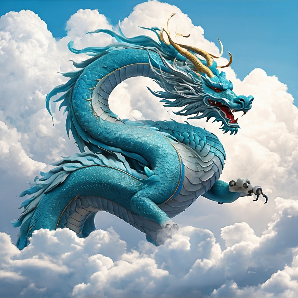 gufengstyle,masterpiece, Chinese dragon, Lovely, In the middle of the picture, Mid-range, Outdoor, Light blue sky, Clouds, ride on a cloud, Furry, Twelve signs of the Chinese zodiac, textured skin, super detail, best quality<lora:gufengstyleSDXL-000016:1>