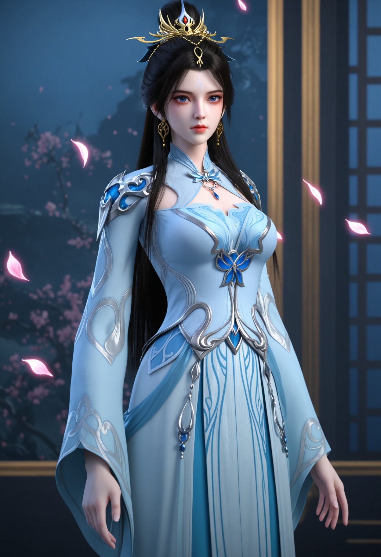 (standing full_body:1.1),(looking at viewer:1.1),masterpiece,(best quality),smog,Dark room,dim lighting,peach blossom,falling petals,<lora:YQ_Illustrious光辉v5_姬凝霜_服装2_V1:0.8>,q1528437228,1girl,solo,long hair,hair ornament,black hair,jewelry,earrings,dress,blue eyes,forehead mark,hair bun,white dress,chinese clothes,long sleeves,blue dress,brown hair,single hair bun,necklace,wide sleeves,mole,collar,mole under eye,boots,