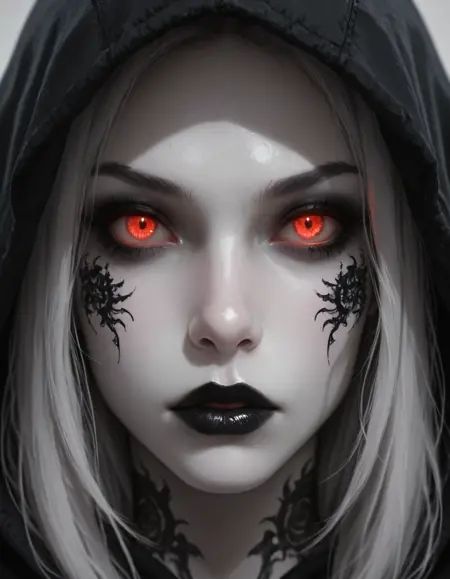 glowing eyes, red eyes, black lips, solo, looking at viewer, makeup, hood, portrait, hood up, silver hair, (close-up:1.4), 1girl, tattoo, eye focus, (pale skin:1.3), eyeshadow, masterpiece, best quality, very awa, absurdres