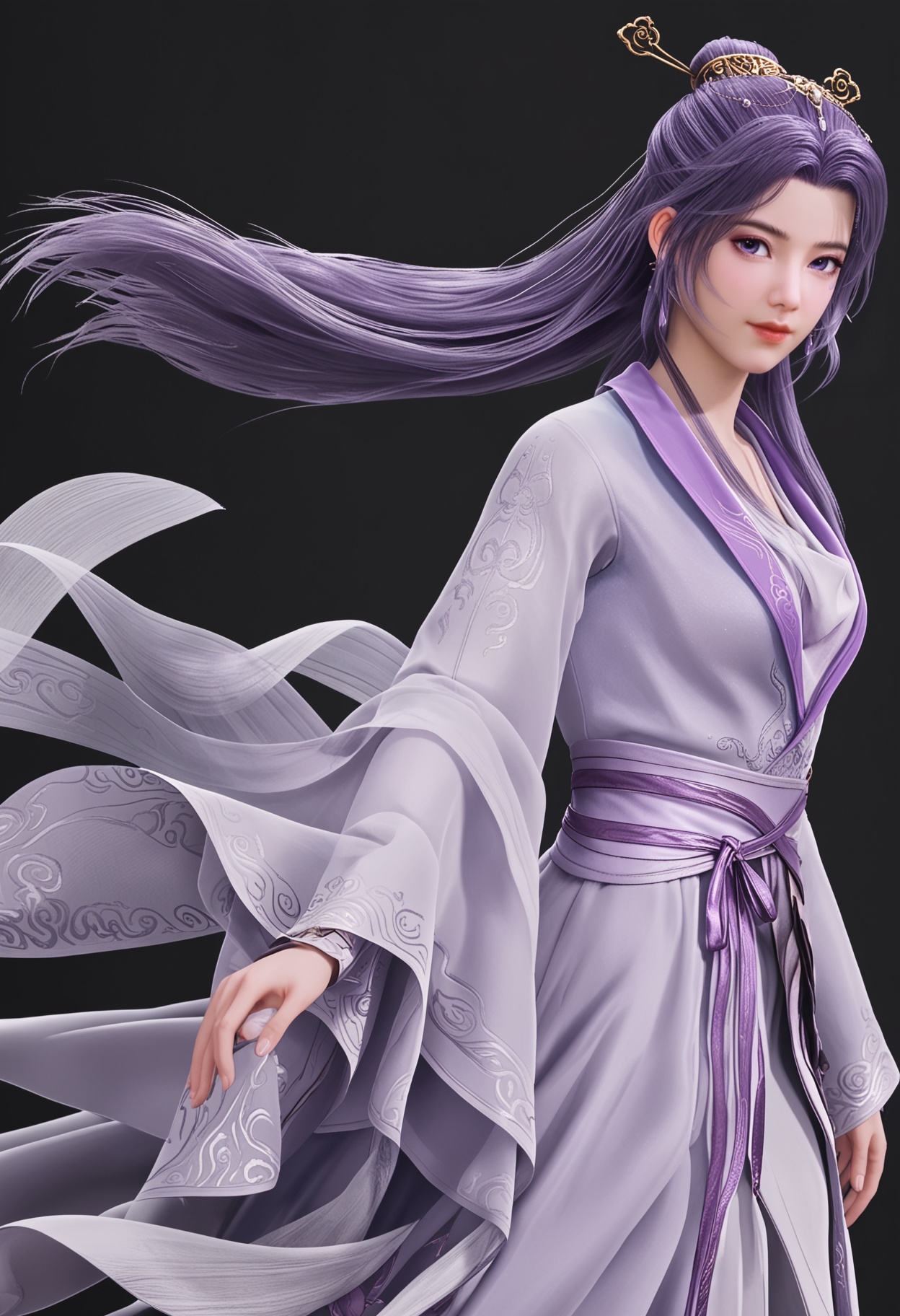 (cowboy shot:1.2),(masterpiece:1.1),(best quality:1.2),(intricate details),(looking at viewer:1.1),facing viewer,direct gaze,<lora:YQ_pony_yunxiaoxianzi2.0_V5:0.8>,q1528437228,1girl,solo,long hair,purple hair,purple eyes,hair ornament,chinese clothes,dress,jewelry,earrings,hair stick,long sleeves,sash,facial mark,single hair bun,wide sleeves,blue eyes,boots,black hair,shawl,BREAK simple background,pure black background,black background,perfect anatomy,