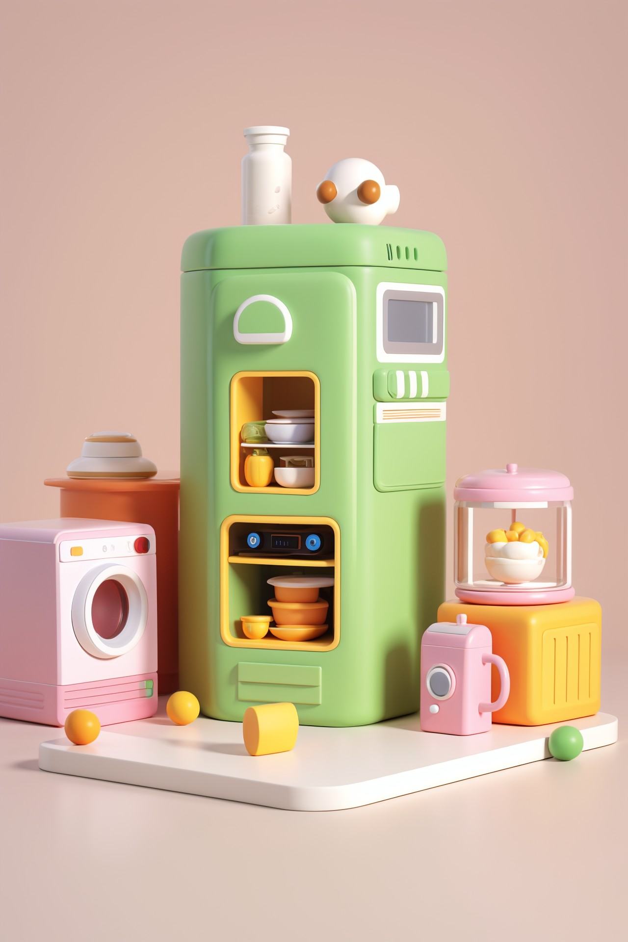 "3D style, Q version cute home appliance design featuring a tiny, pastel-colored refrigerator with round edges and a smiling face. The appliance has a minimalist and clean look, placed in a simple kitchen setting with a white background, highlighting its functionality and endearing design."