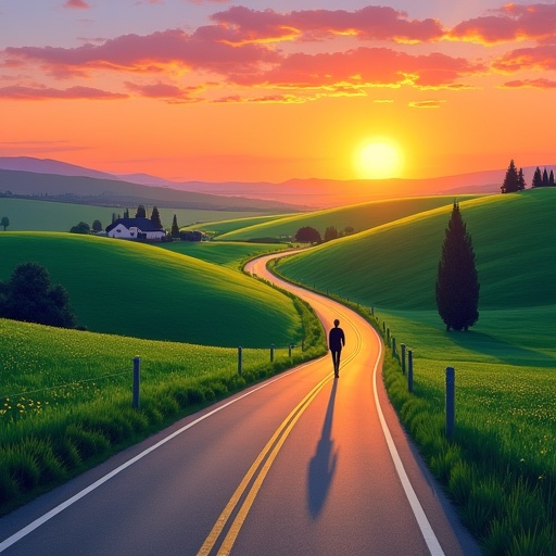 Produce an image of a tranquil countryside road at sunset in the style of David Hockney. The road winds through rolling hi...