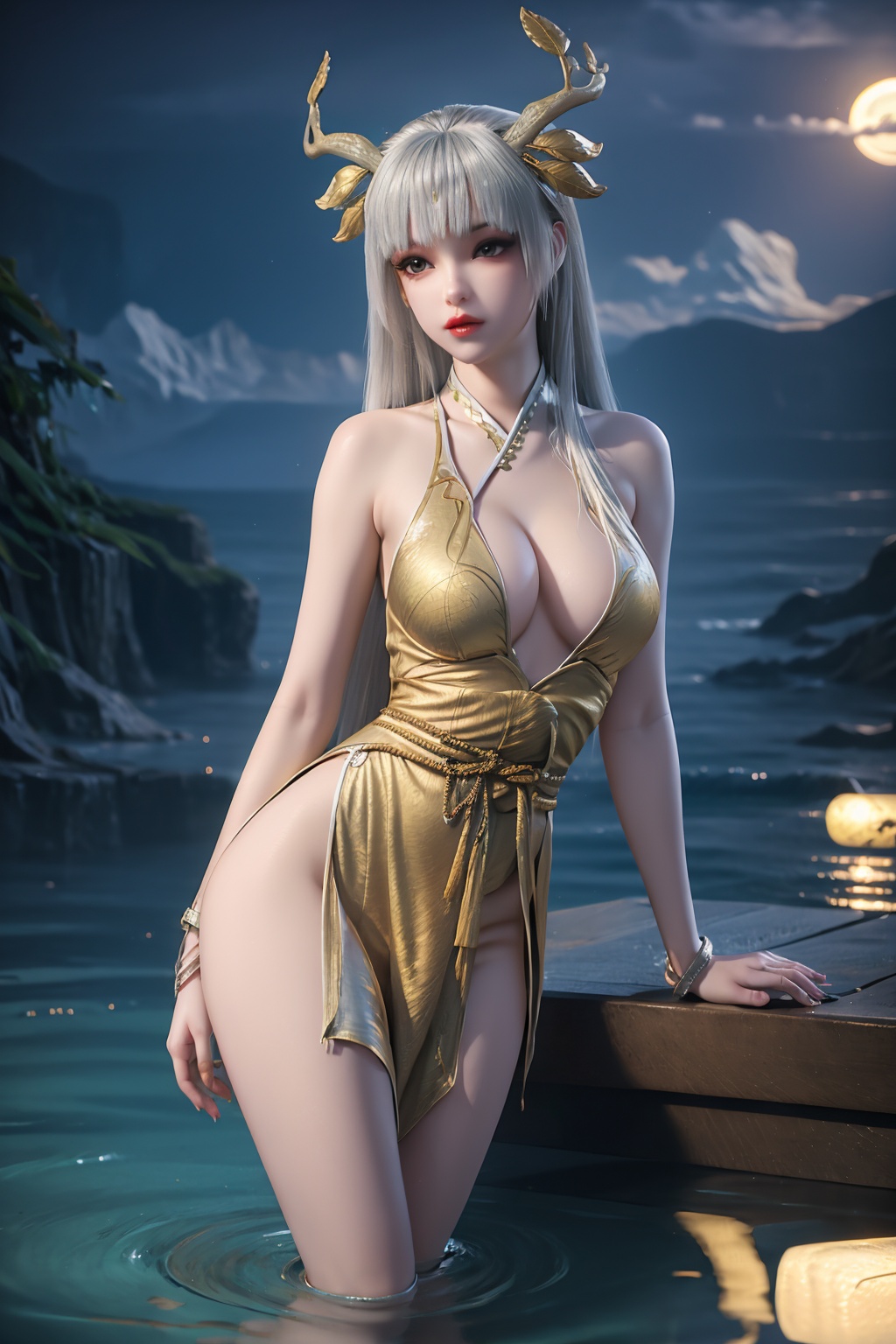 standing,dress,chinese clothes,flower,full_moon,moon,night,lily_pad,lotus,moonlight,nipples,water,night_sky,lily_\(flower\),sky,partially_submerged,1girl,solo,hair ornament,long hair,realistic,nail polish,photo_\(medium\),large breasts,cleavage,makeup,(8k, RAW photo, best quality, masterpiece:1.2),(realistic, photorealistic:1.3),ultra-detailed,extremely detailed cg 8k wallpaper,(crystalstexture skin:1.2),extremely delicate and beautiful,(sexy pose:1.2),white hair,antler,