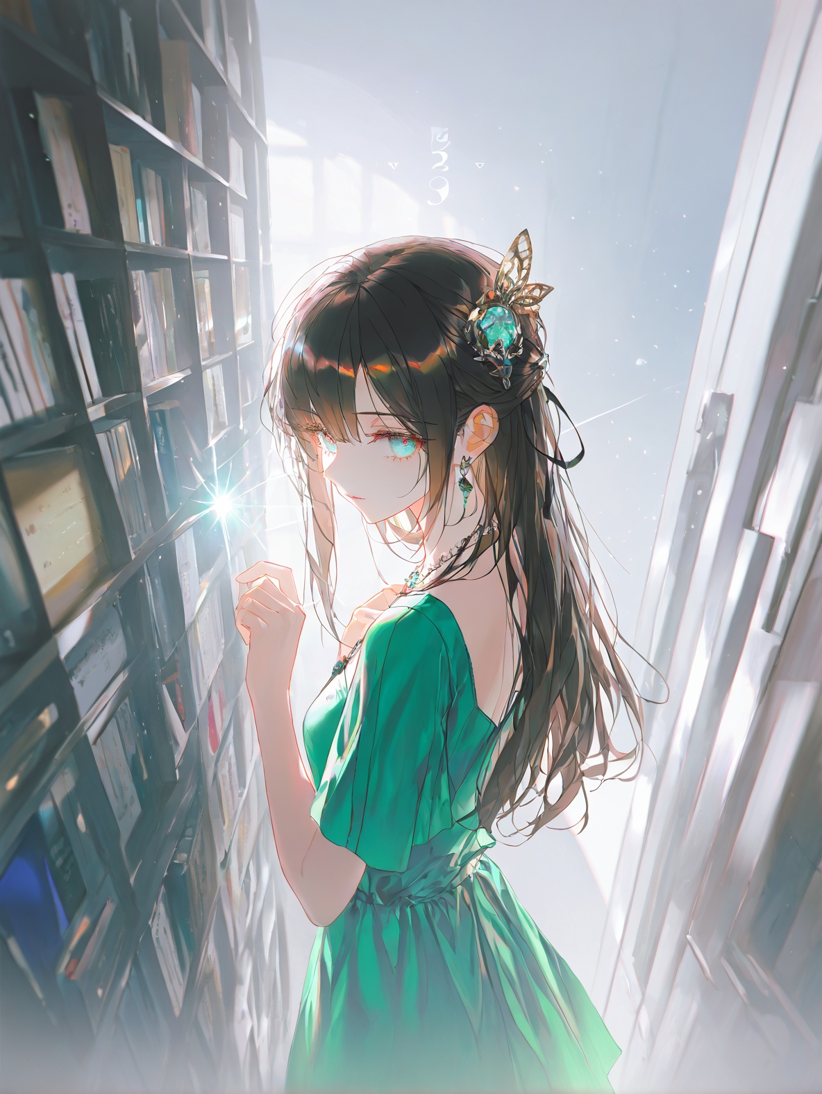 1girl, solo, long hair, looking at viewer, brown hair, black hair, hair ornament, dress, jewelry, upper body, looking back, necklace, from behind, book, green dress , depth of field, light particles, lens flare, (artist:quasarcake:0.8),extreme aesthetic,(wlop:0.6), wanke,rella,wanke,masterpiece,best quality,good quality,newest ,year 2024, year 2023, very aesthetic,absurdres,Visual impact,Electromotive force, perspective composition, A shot with tension, ultra-high resolution,32K UHD,sharp focus,best quality,masterpiece,Emotionalization masterpiece, unconventional supreme,masterful details,with a high end texture,in the style of fashion photography, (Visual impact:1.2),giving the poster a dynamic and visually striking appearance,impactful picture,offcial art,colorful,splash of color, movie perspective, masterpiece,best quality,amazing quality,very aesthetic,absurdres,best quality,newest,qxsy