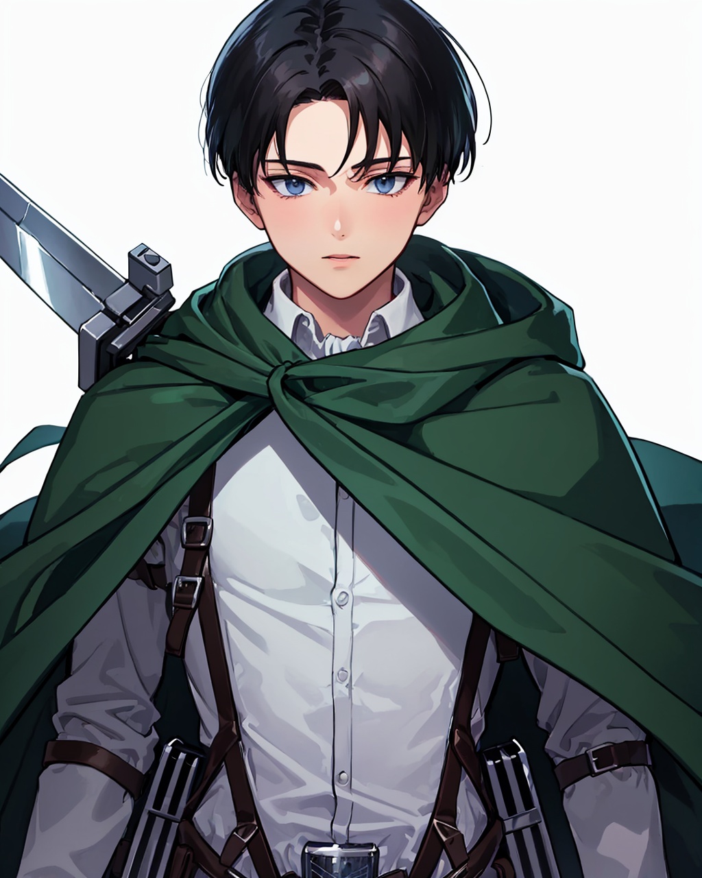 masterpiece,best quality, highly detailed, levi (shingeki no kyojin),1boy, solo, male focus, cape, jacket, holding sword, ascot, looking at viewer, paradis military uniform, three-dimensional maneuver gear,<lora:levi_(shingeki_no_kyojin):1>