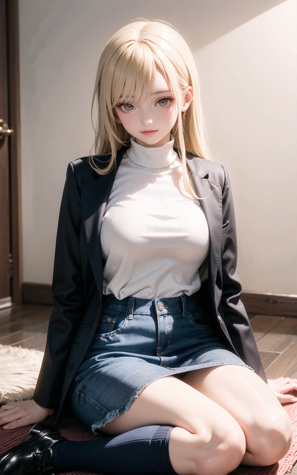 1girl, plump, golden eyes, yokozuwari, blonde hair, messy hair, very long hair, hair over eyes, turtleneck  jacket, tartan, sock  dangle