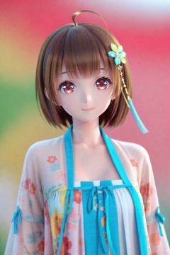 (masterpiece),(best quality),illustration,ultra detailed,hdr,Depth of field,(colorful),(chromatic aberration),mmd,1girl,solo,red eyes,looking at viewer,hair ornament,short hair,upper body,brown hair,blurry,ahoge,bangs,chinese clothes,see-through,depth of field,hanfu,smile,floral print,closed mouth,