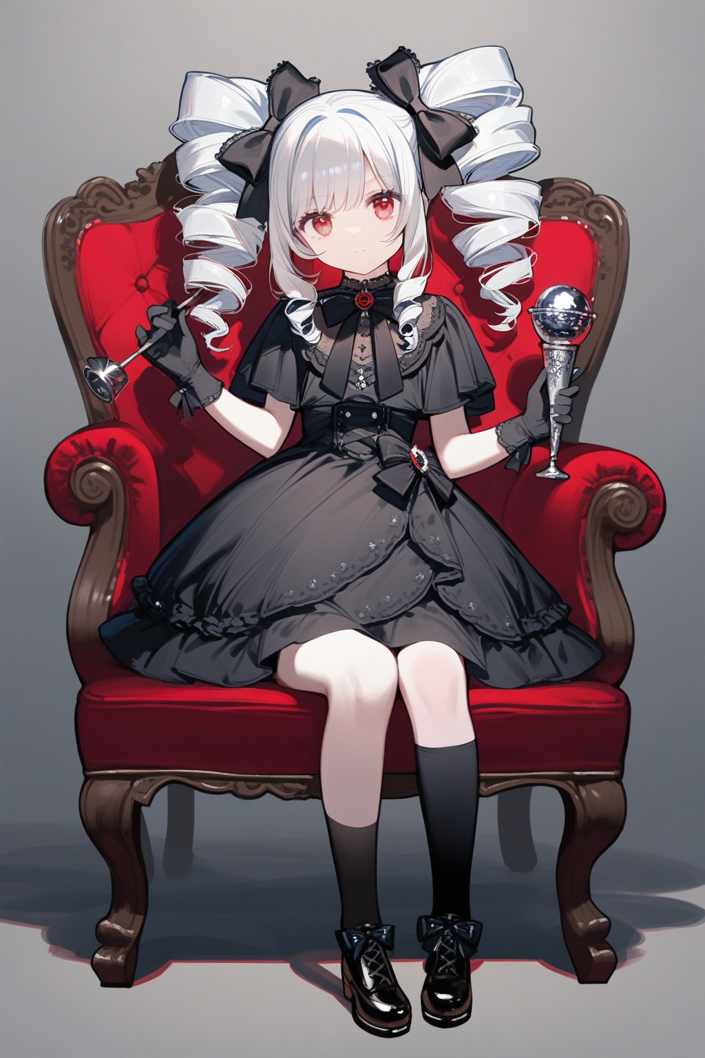 1girl,solo,red eyes,sitting,drill hair,dress,white hair,looking at viewer,bow,frills,black footwear,chair,black bow,black dress,shoes,socks,full body,asymmetrical legwear,gloves,twin drills,holding,