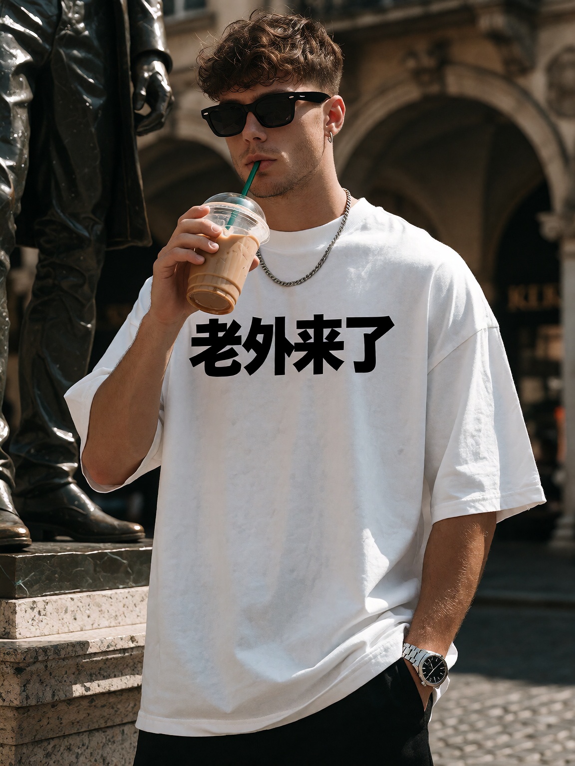 a white oversized t-shirt with the text "老外来了" on it,  worn by man drinking an ice coffee from straw standing next to stat...