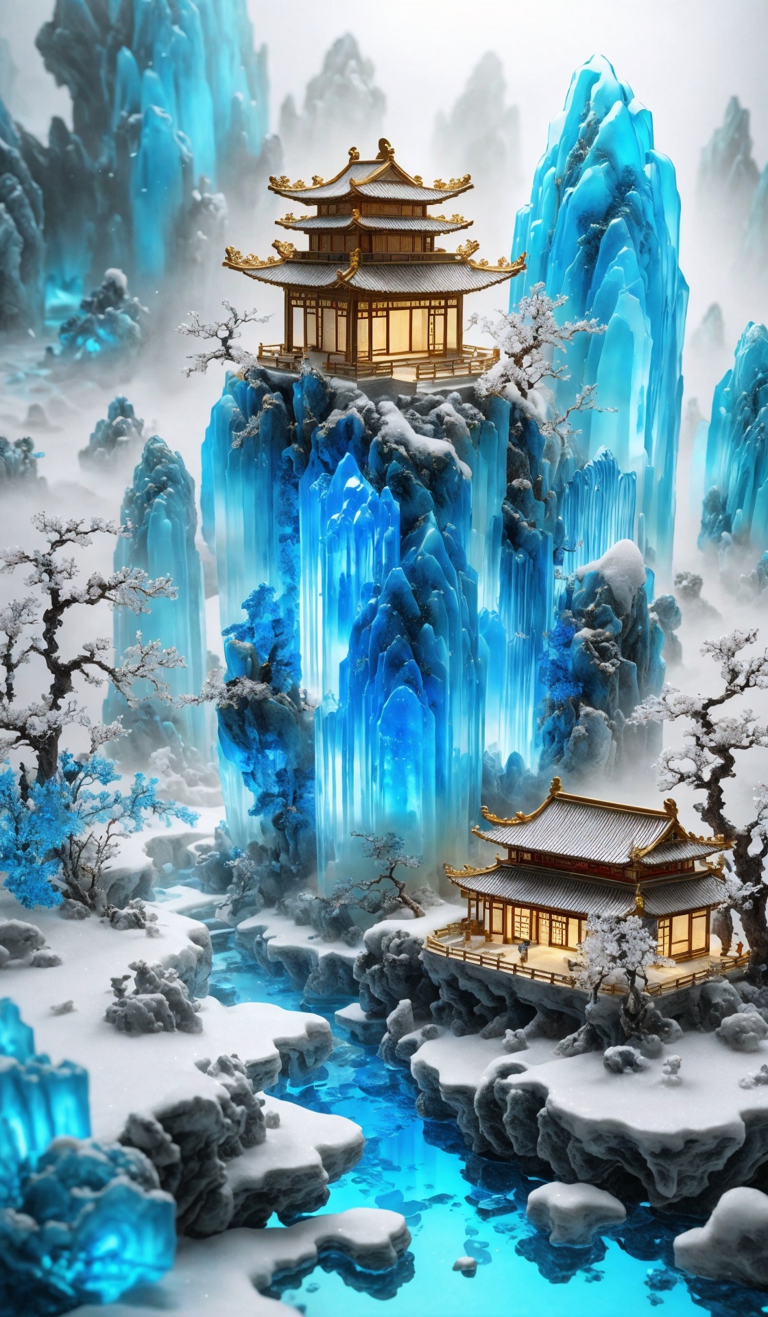 Miniature landscape, Chinese Tang Dynasty landscape painting, Zen aesthetics, Zen composition, Chinese architectural complex, transparent quartz crystal, X-ray crystallography, colored glaze, snow, luminescence, cyan light, ice silk fiber, macro lens, rich light, luminous mountains, mountains, clouds and mist, depth of field, extreme detail, incomparable detail, film special effects, realistic, 3D rendering, fine detail
