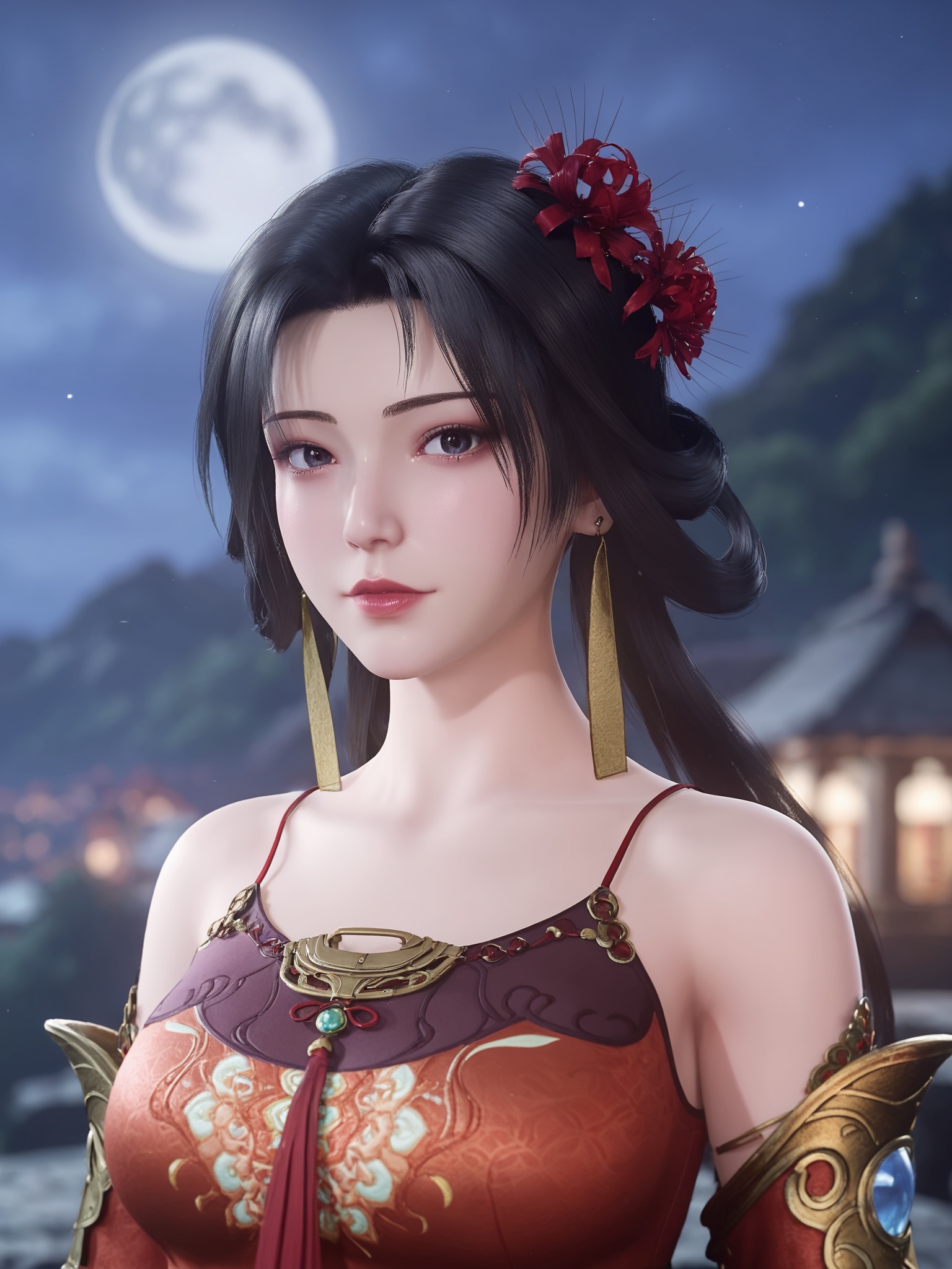 score_9,1girl,solo,shiny,shiny_hair,score_9,upper_body,portrait,fair_skin,white_skin,shiny_skin,shiny,Ivory_skin,looking at viewer,cinematic lighting,volumetric lighting,solo focus,blurry background,depth of field,night,sky,night sky,full moon,(huge planetary background:1),moonlight,<lora:仙逆-安紫-尸阴宗:0.7>,long hair,dress,jewelry,bare shoulders,earrings,detached sleeves,red dress,