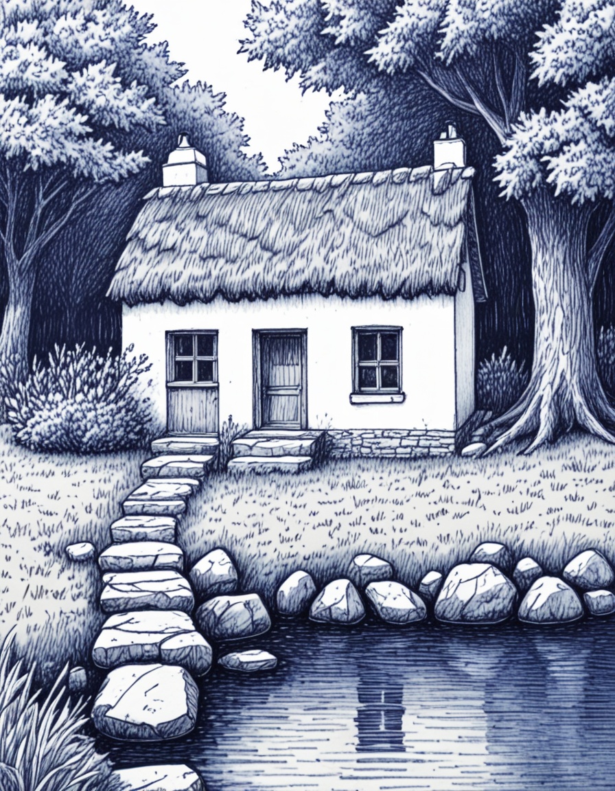 cottage by the water novuschroma42 style ballpoint pen drawing on Tensor.Art