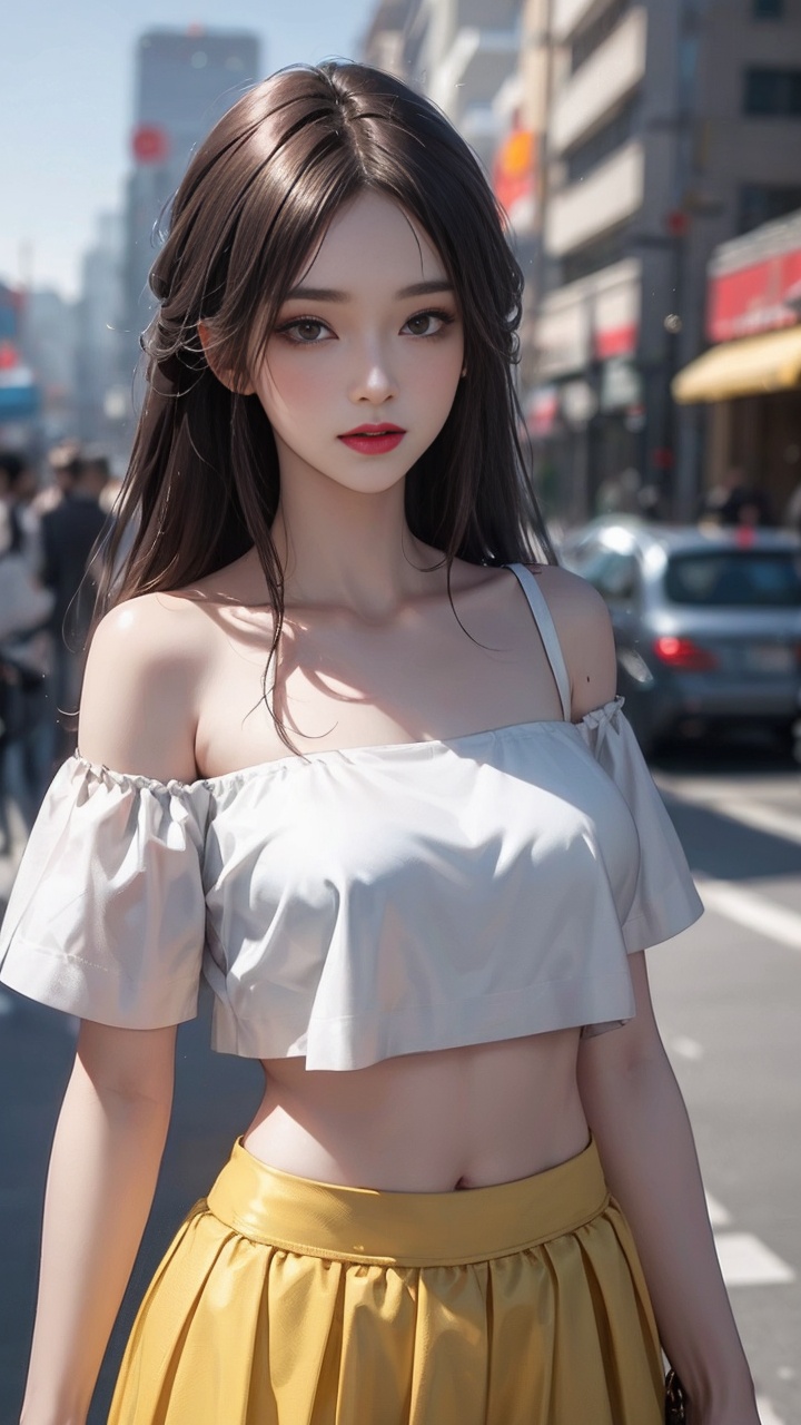 1girl, 3d, bare_shoulders, blurry, blurry_background, breasts, brown_eyes, brown_hair, collarbone, day, depth_of_field, lips, long_hair, looking_at_viewer, midriff, navel, nose, outdoors, photo_\(medium\), photo_background, realistic, skirt, solo, yellow_skirt
