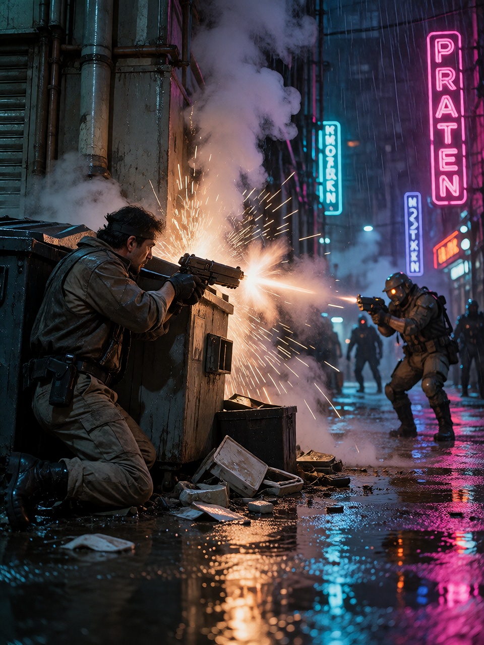 A violent nighttime shootout in a rain-soaked neon alley,  two ***** street mercenaries taking cover behind overflowing du...